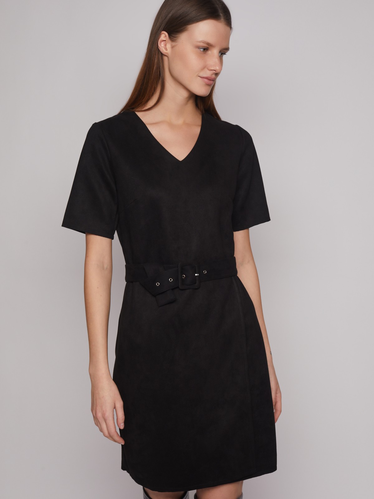Платье из имитации замши с ремнём zolla 223128262283, цвет черный, размер S - фото 4