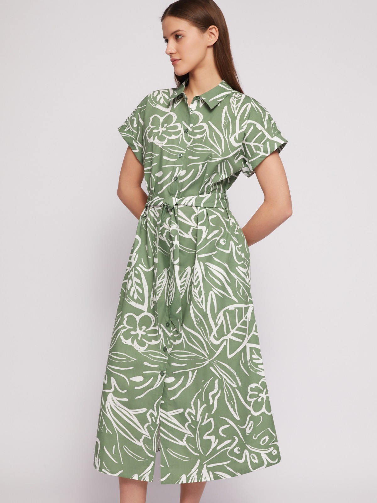 Платье-рубашка с коротким рукавом и поясом zolla 024218262343, цвет светло-зеленый, размер M