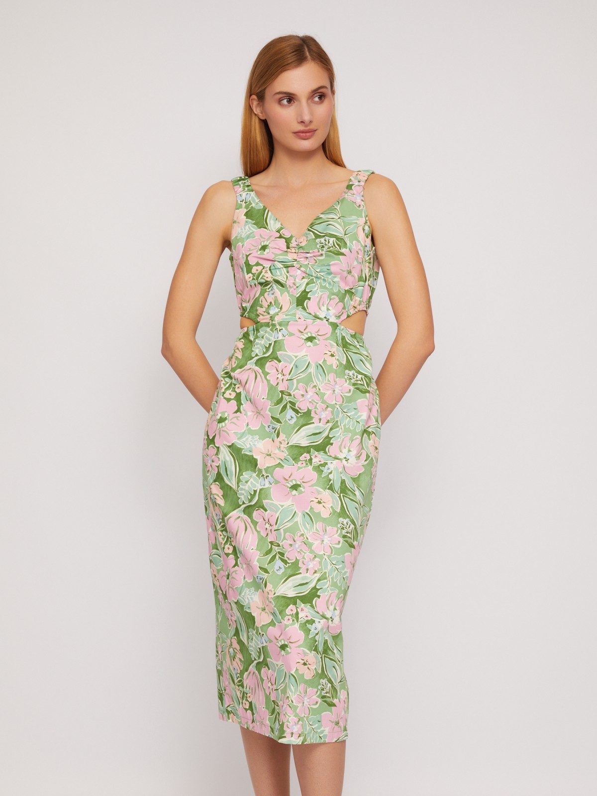 Платье-сарафан из хлопка с вырезами на талии zolla 024248259533, цвет зеленый, размер XS
