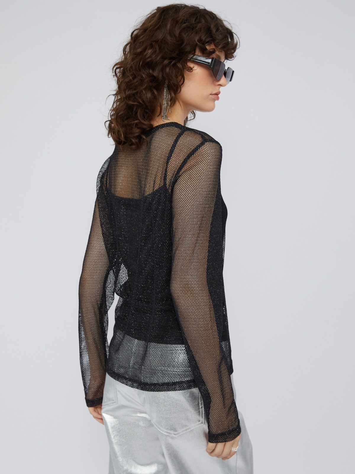 Лонгслив из сетки с люрексом и нижним топом