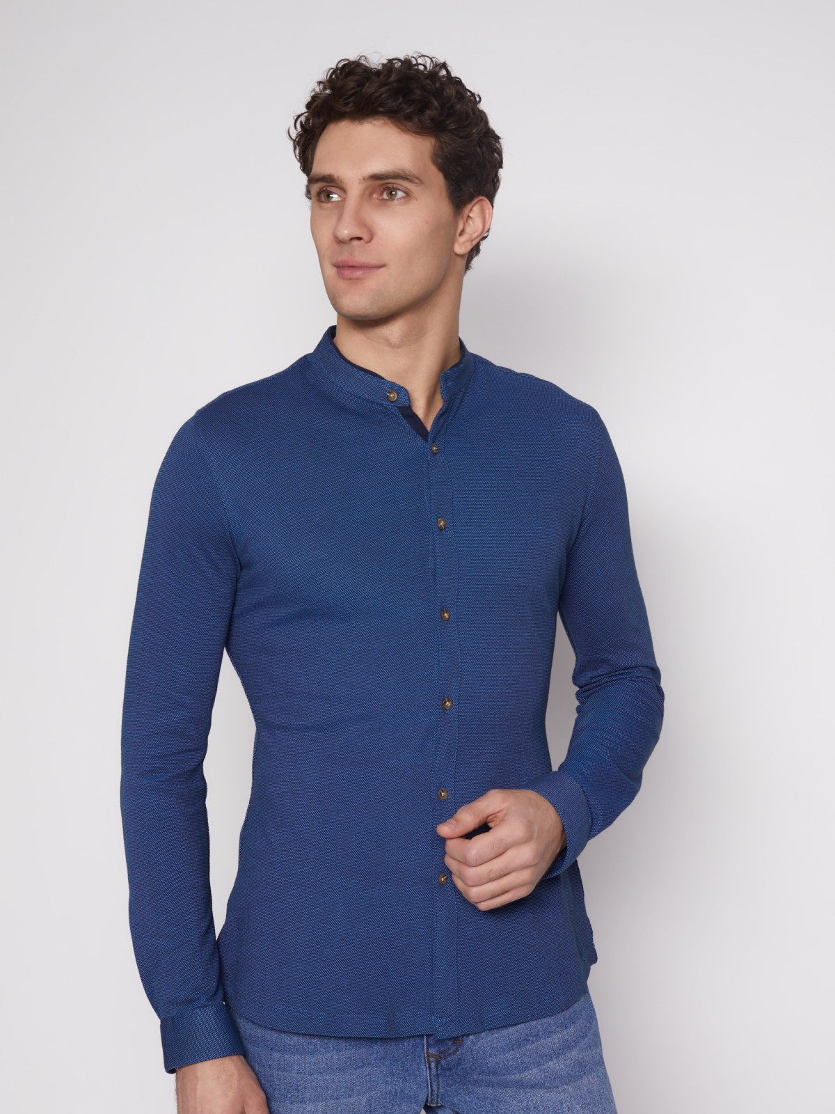 Рубашка с воротником-стойкой zolla 012132159023, цвет темно-синий, размер S - фото 4