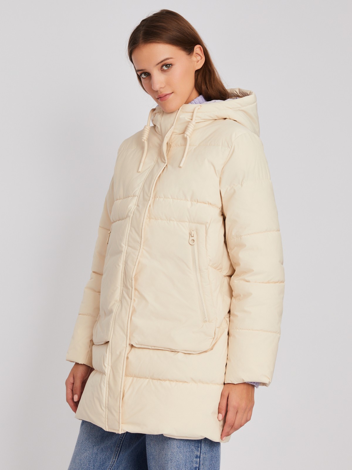 Тёплая стёганая куртка-пальто с капюшоном zolla 023345202114, цвет молоко, размер XS - фото 4
