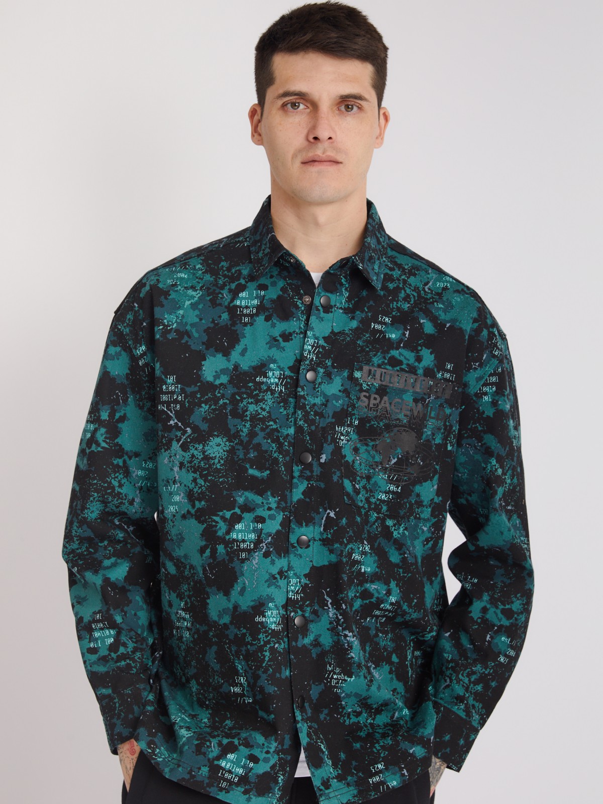 Куртка-рубашка из хлопка с принтом и нагрудным карманом zolla 213322191021, цвет бирюзовый, размер S - фото 3
