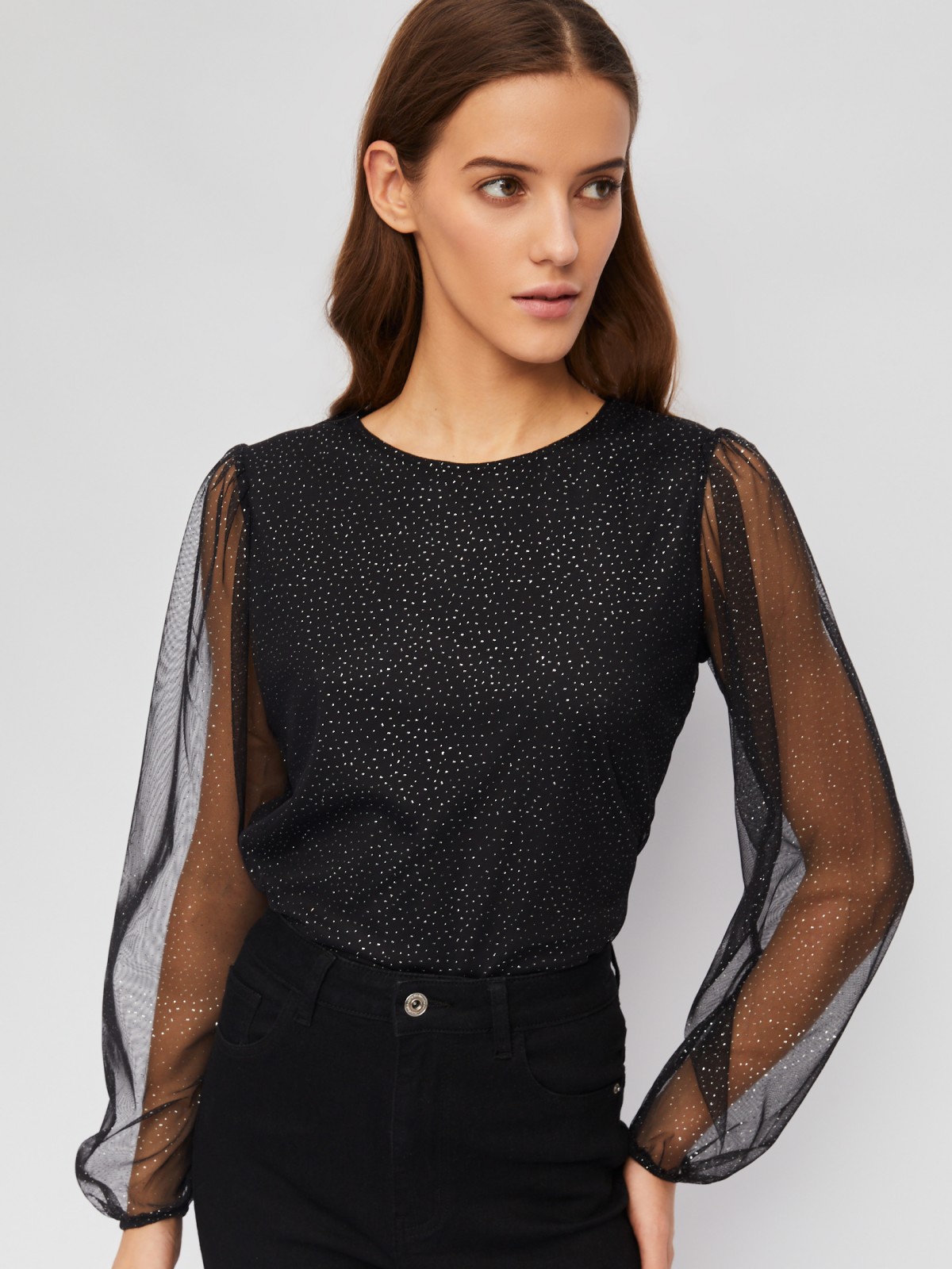 Блузка из сетки с прозрачными рукавами и глиттером zolla 023451159013, цвет черный, размер XS - фото 5