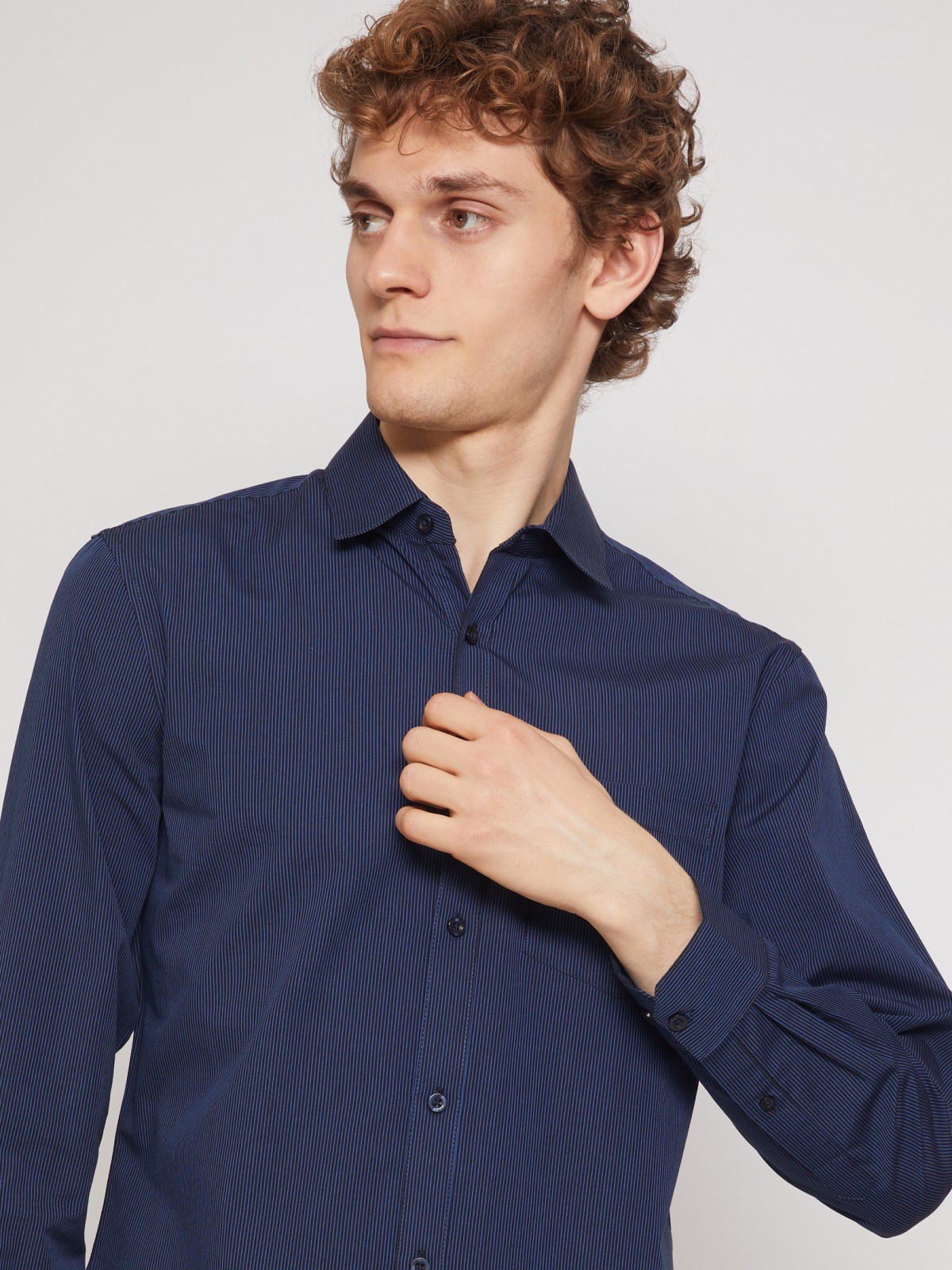 Рубашка с узором в тонкую полоску zolla 011332162012, цвет темно-синий, размер S - фото 4