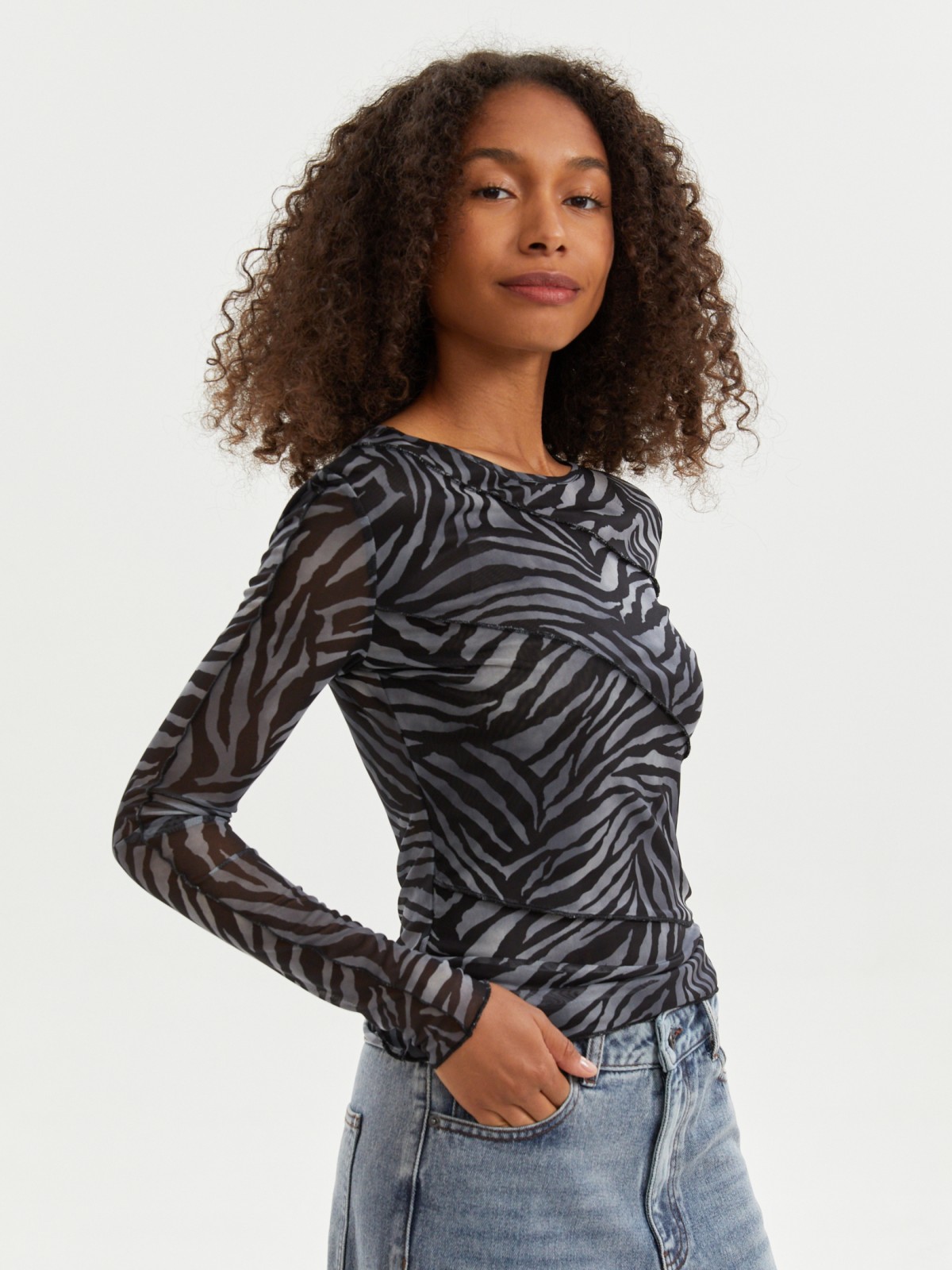 Лонгслив из сетки с принтом