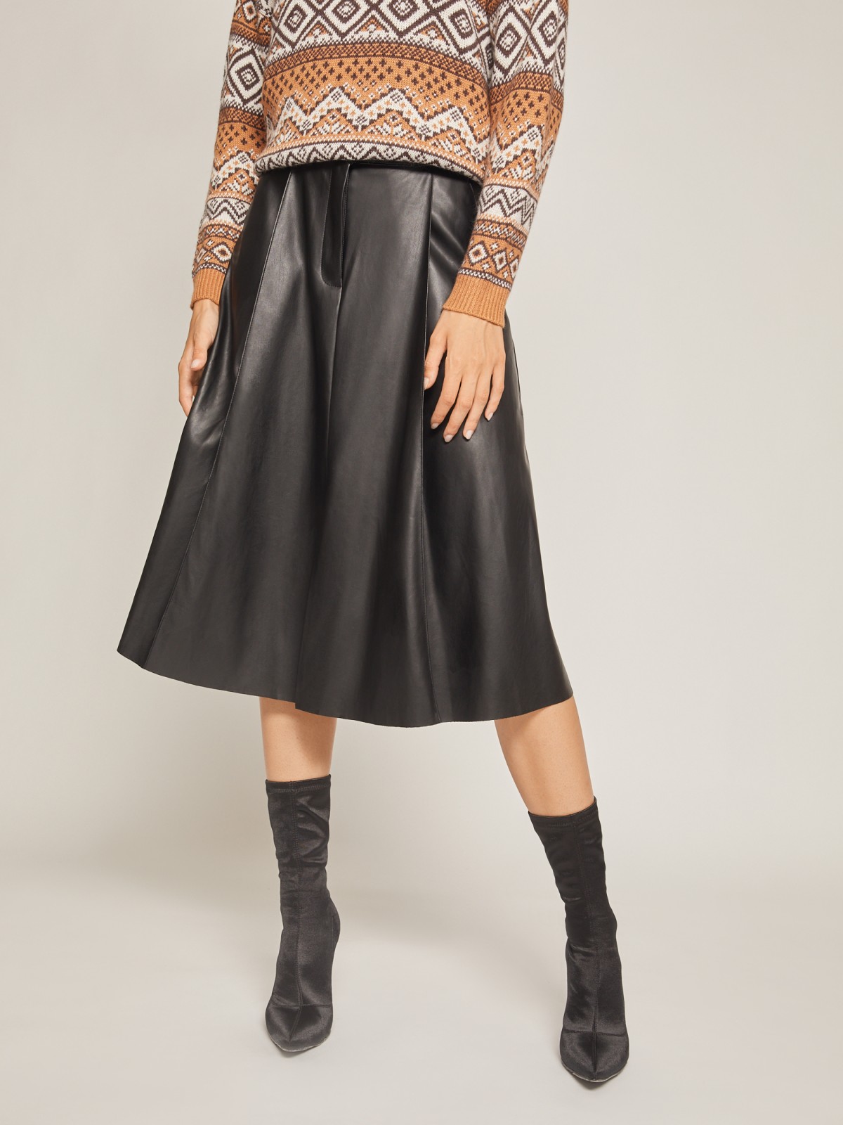 Кожаная юбка А-силуэта zolla 021427853031, цвет черный, размер XS - фото 2