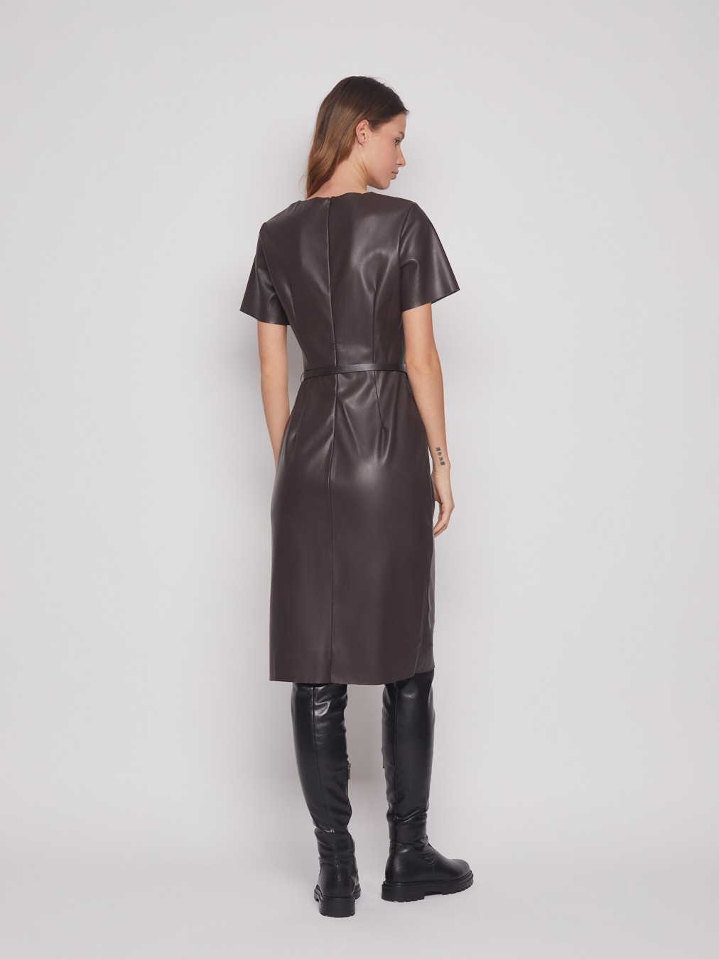 Платье из экокожи с разрезом zolla 022348159033, цвет коричневый, размер S - фото 6