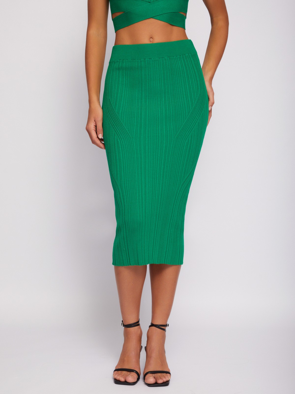 Трикотажная юбка-карандаш длины миди на резинке zolla 024217701031, цвет зеленый, размер L - фото 2