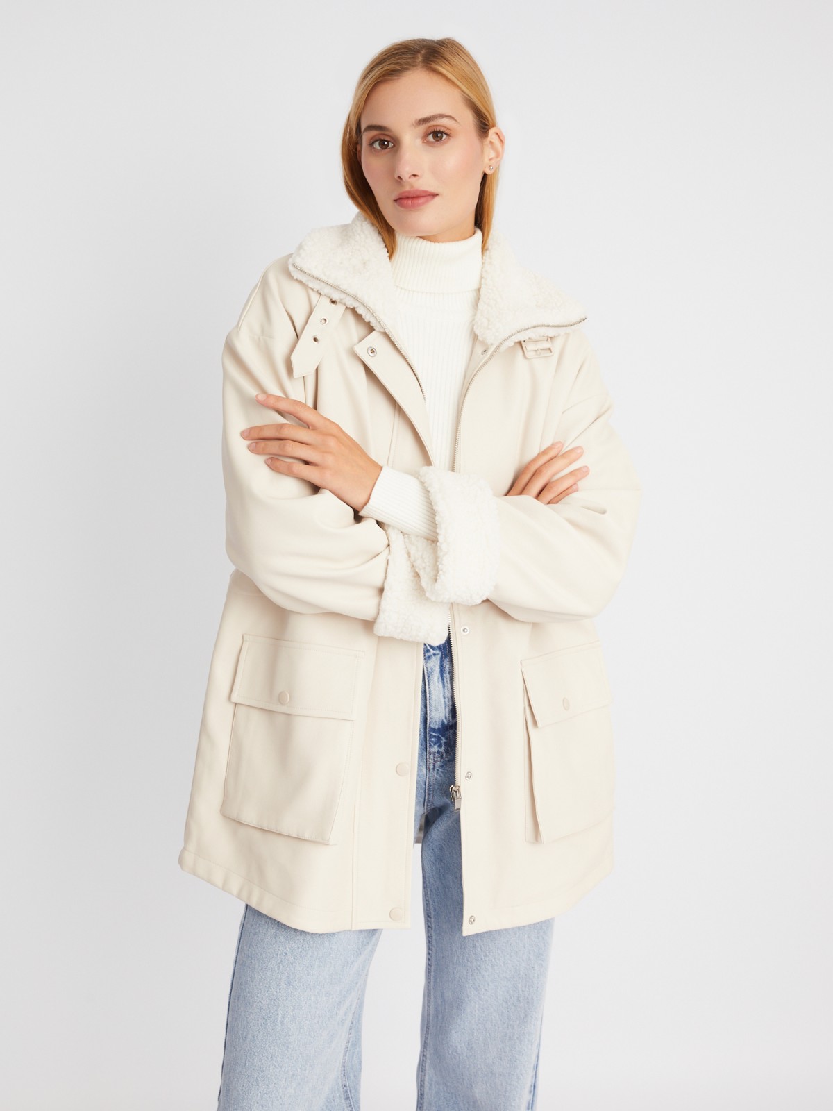 Утеплённая куртка из экокожи с отложным воротником и подкладкой на искусственном меху zolla 02333510L024, цвет молоко, размер S
