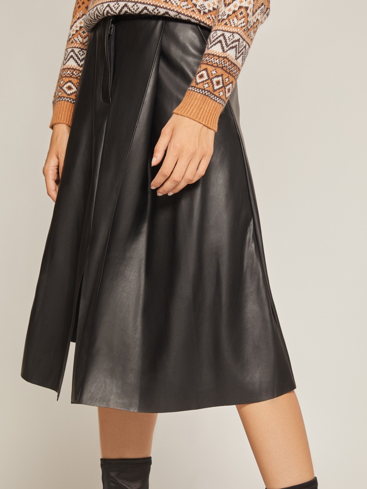 Кожаная юбка А-силуэта zolla 021427853031, цвет черный, размер XS - фото 5