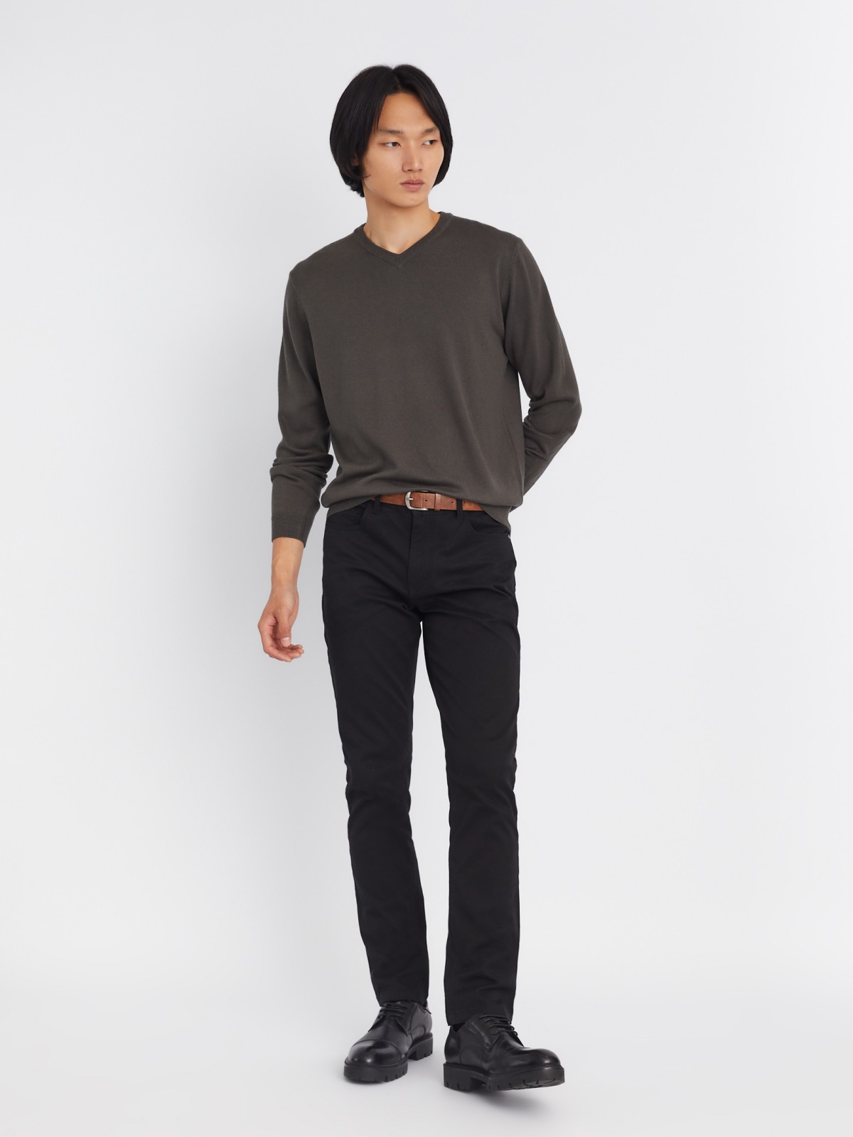 Шерстяной трикотажный пуловер с треугольным вырезом и длинным рукавом zolla 013346163042, цвет темно-серый, размер M - фото 2