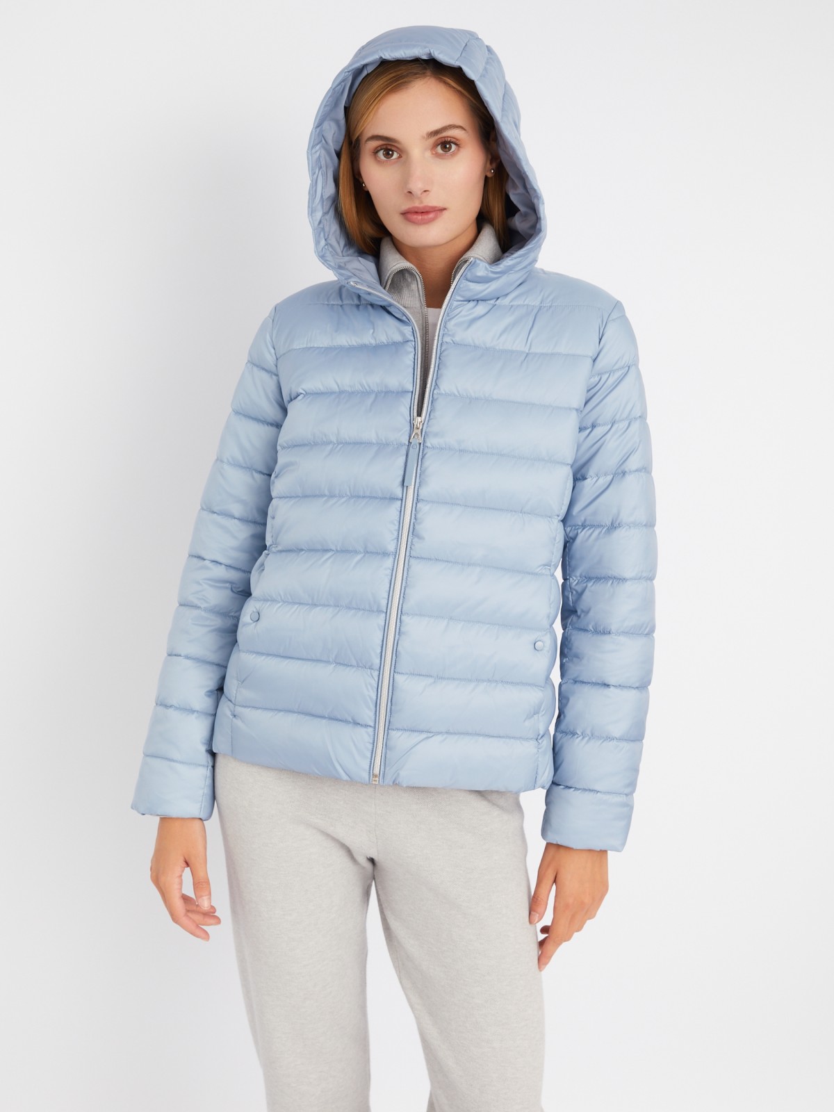 Утеплённая стёганая куртка укороченного фасона с капюшоном zolla 023335112224, цвет голубой, размер S - фото 4