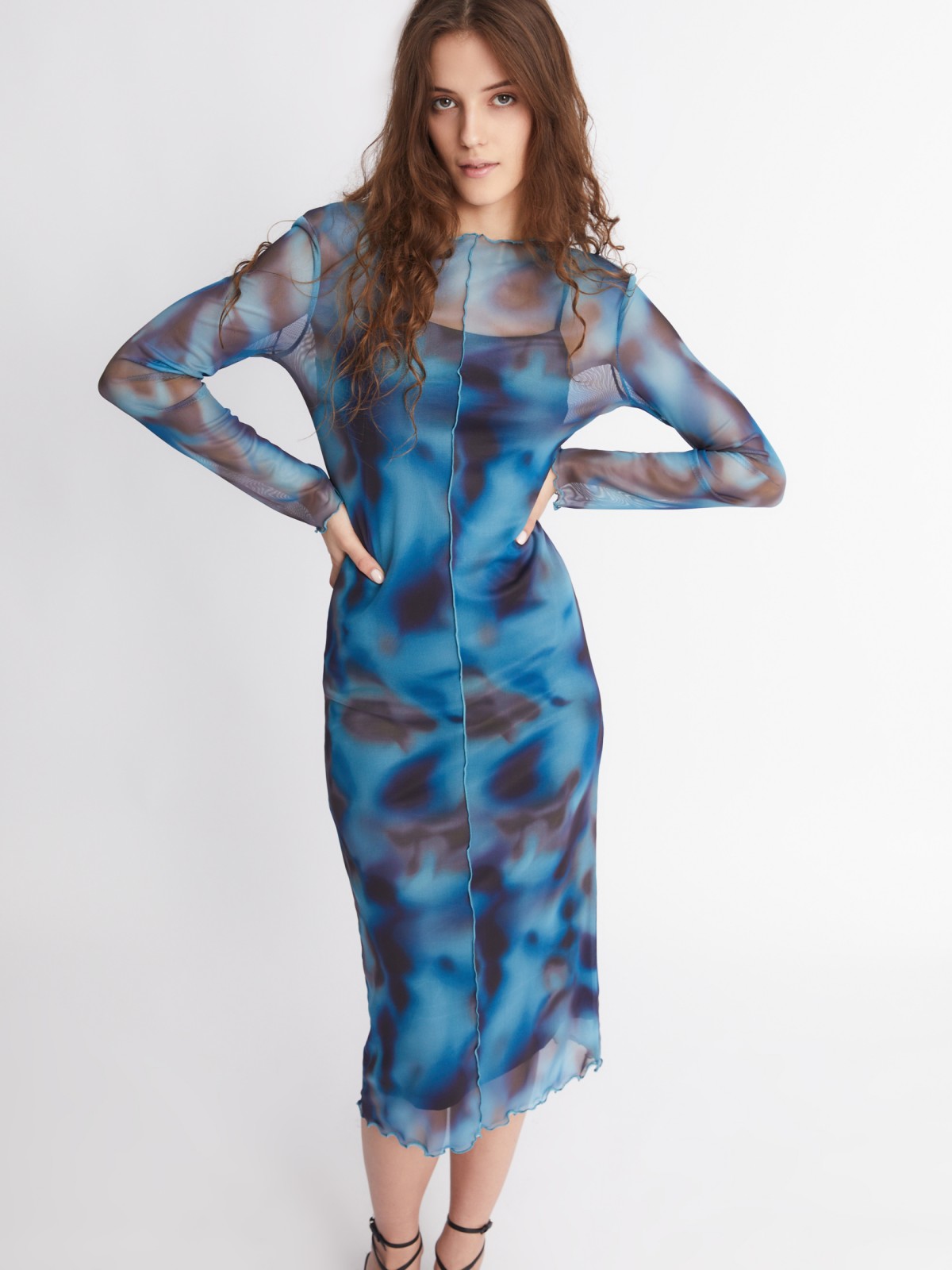 Платье из сетчатой ткани длины миди с акцентным принтом и фактурными строчками zolla 223338155111, цвет голубой, размер S - фото 1