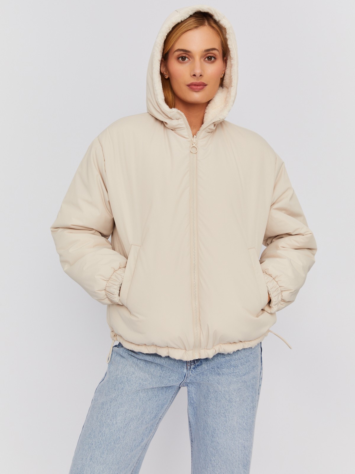 Двусторонняя утеплённая куртка на синтепоне с капюшоном и искусственным мехом zolla 023335112304, цвет молоко, размер XS - фото 5