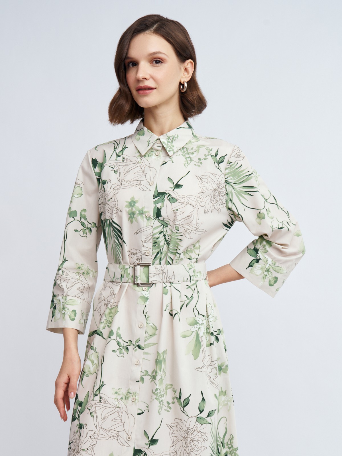 Платье-рубашка миди с принтом и поясом