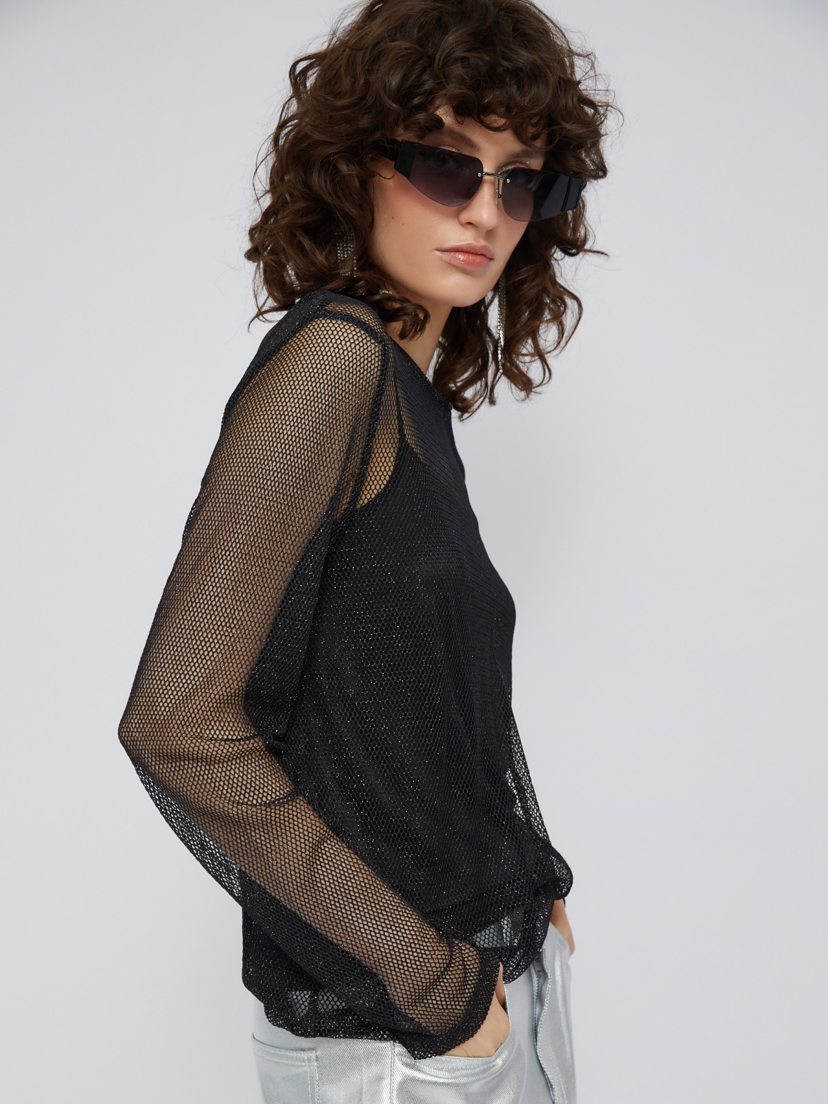 Лонгслив из сетки с люрексом и нижним топом