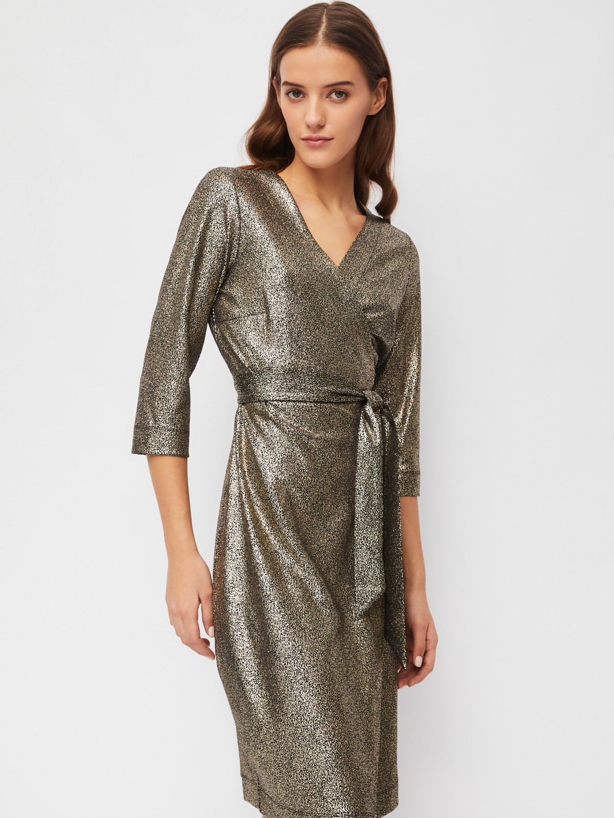 Полуприлегающее платье-халат с запахом и блёстками zolla 023458110073, цвет коричневый, размер S