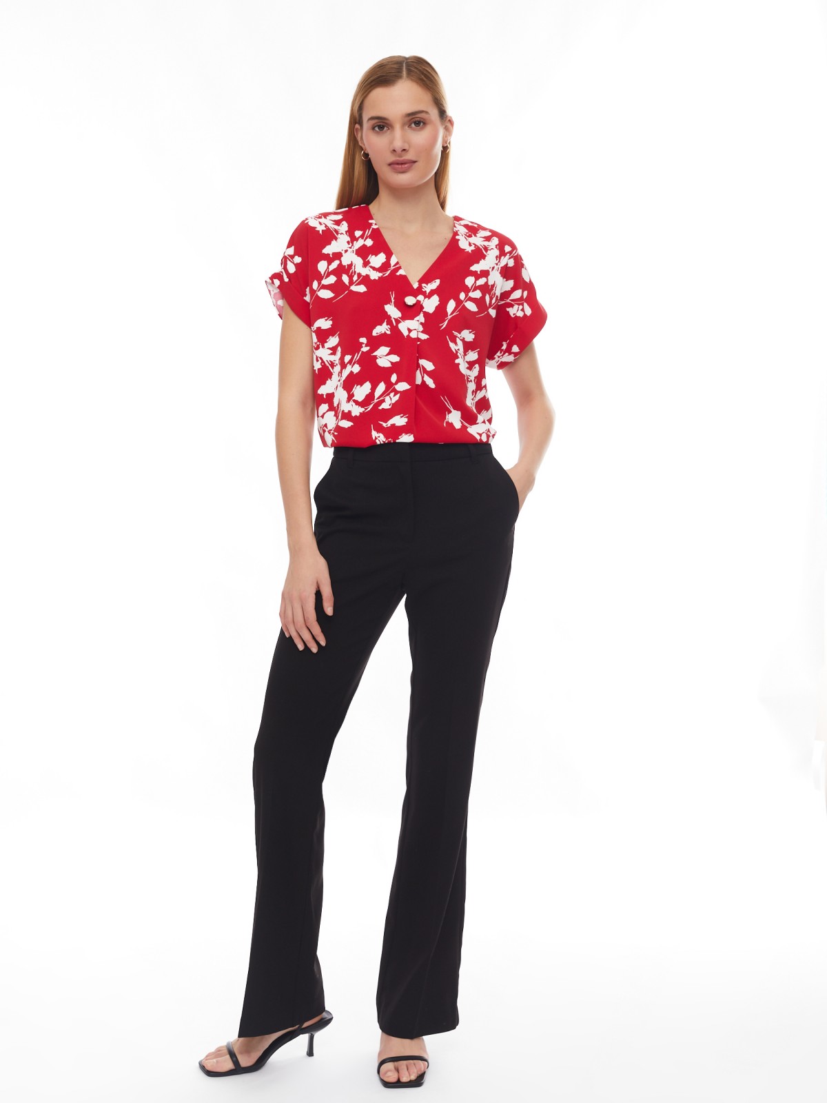 Принтованная блузка с вырезом и коротким рукавом zolla 02413128Y142, цвет красный, размер XS - фото 2