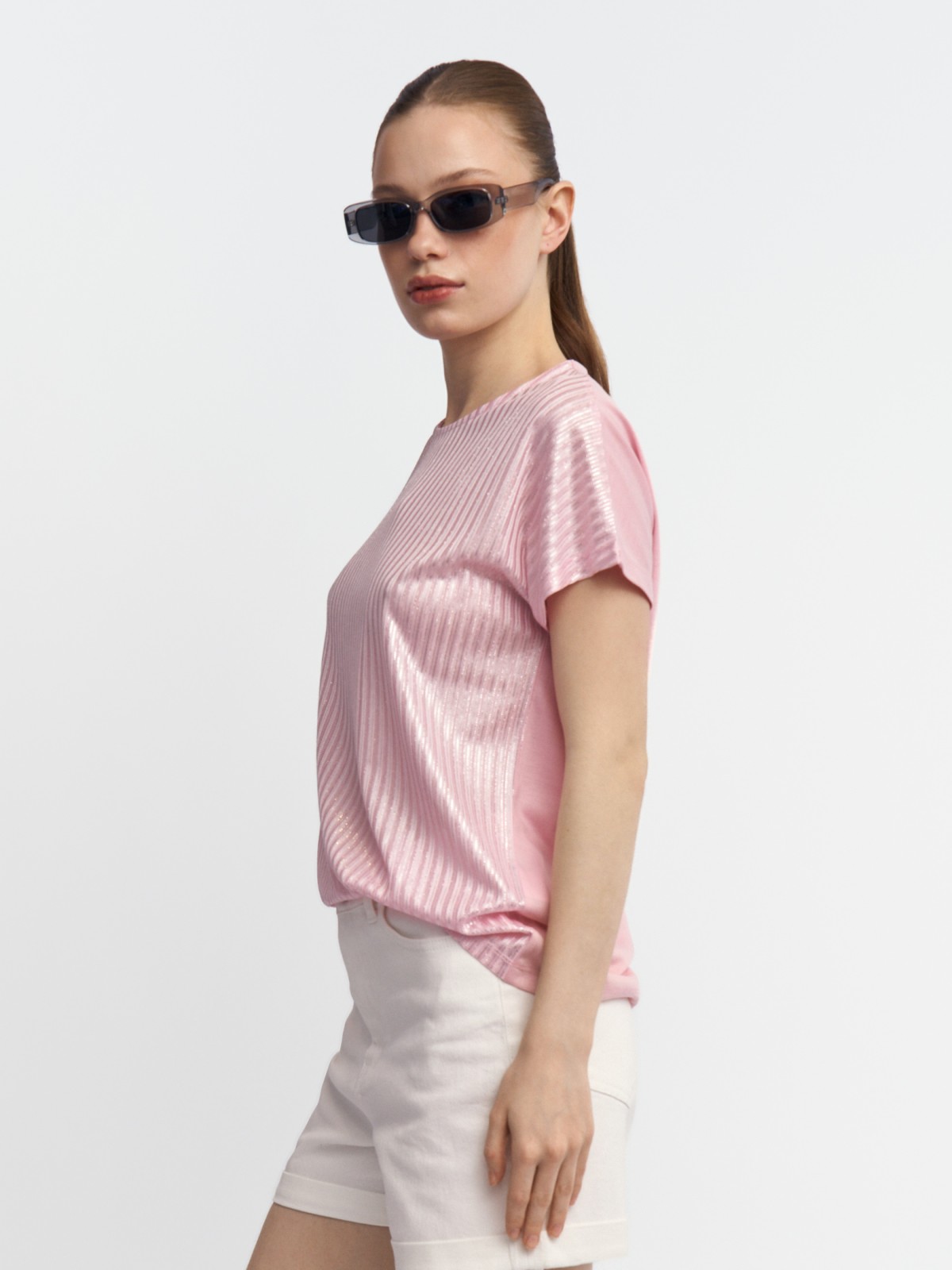 Трикотажный комбинированный топ-блузка с блеском