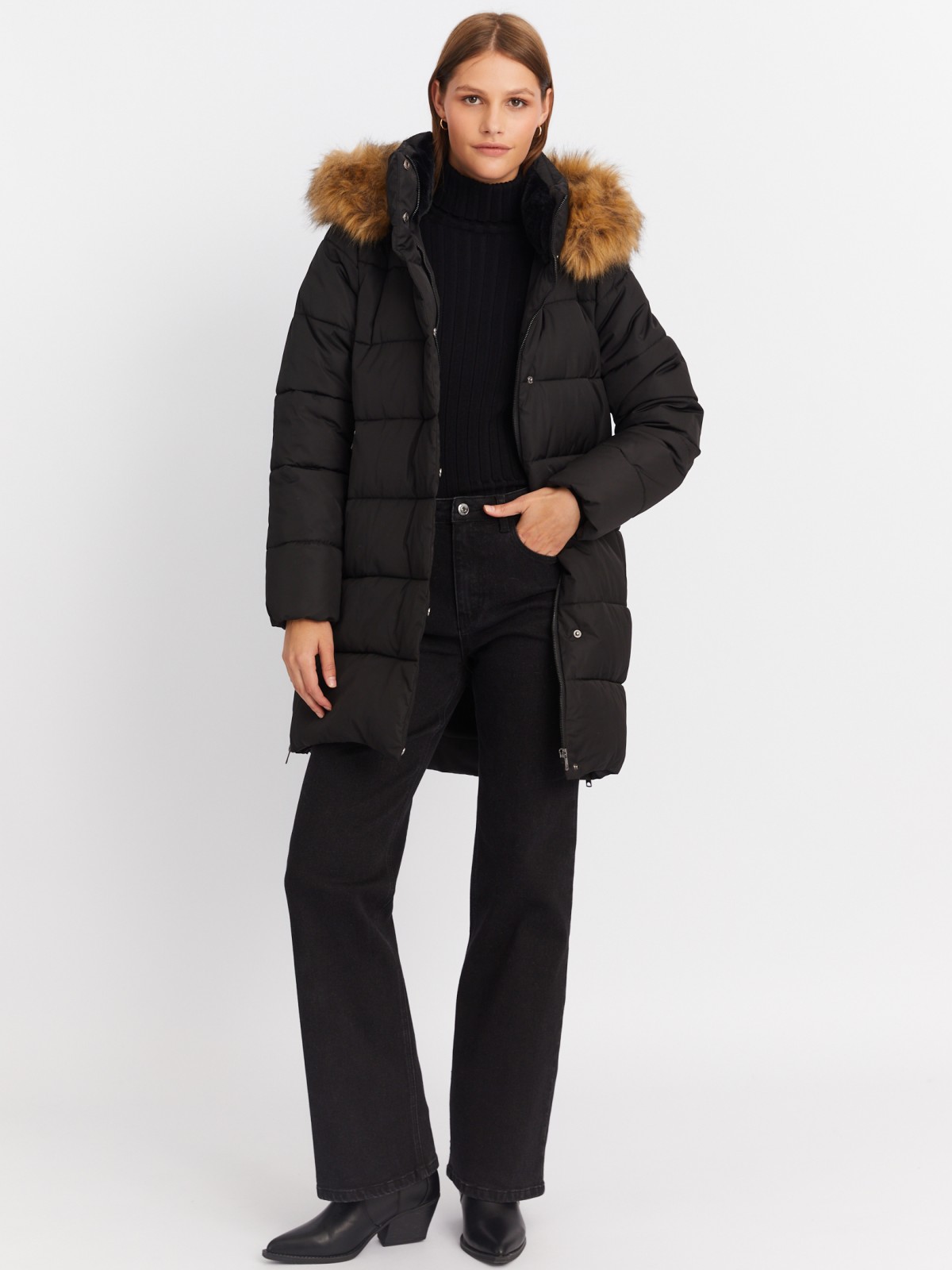 Тёплая куртка-пальто с капюшоном и боковыми шлицами на молниях zolla 022425212014, цвет черный, размер XS - фото 2
