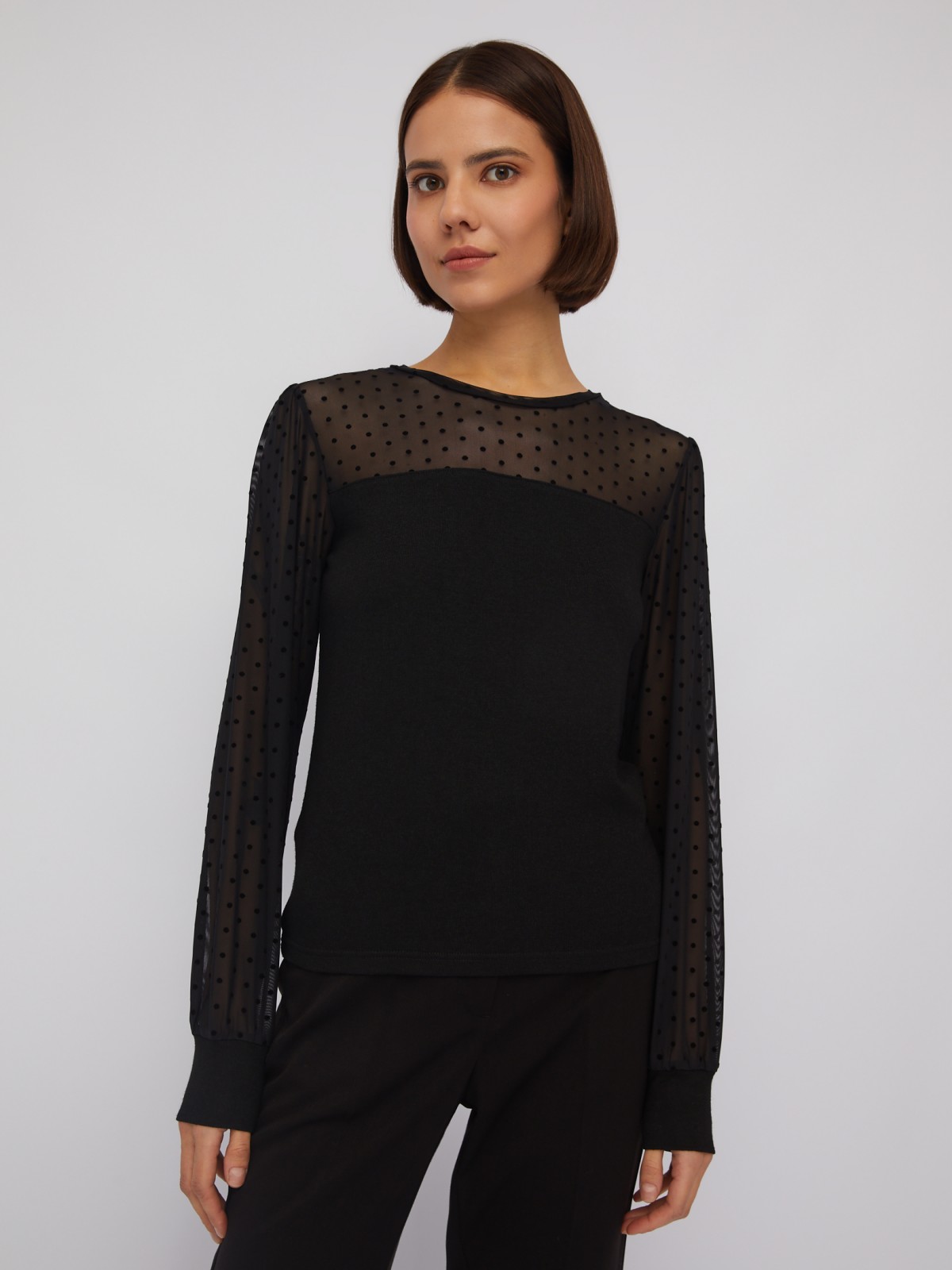 Трикотажный топ-блузка с акцентом на кокетке и рукавах zolla 024113159083, цвет черный, размер XS - фото 4