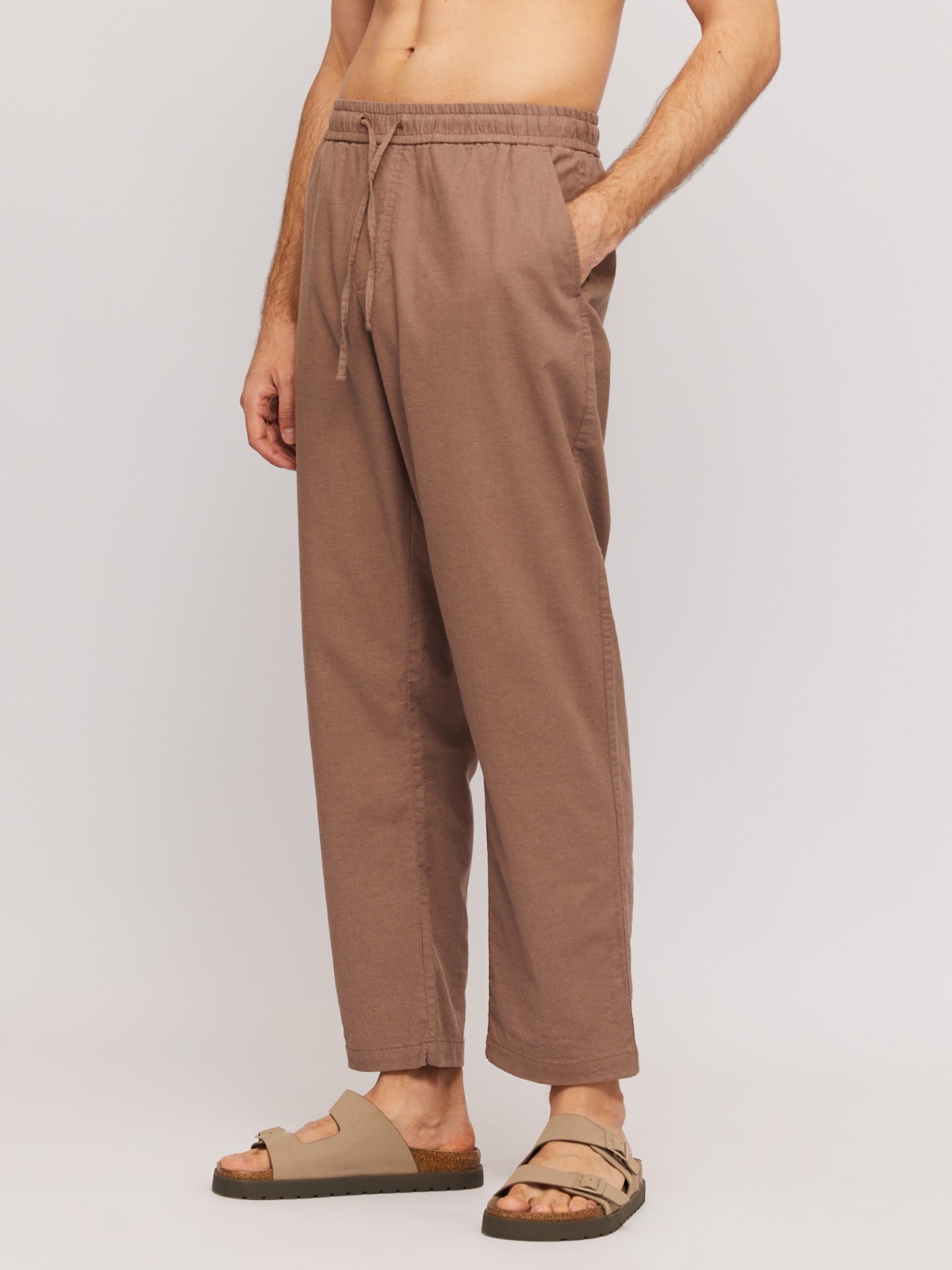 Льняные брюки на резинке с кулиской zolla 014257370043, цвет коричневый, размер 32 - фото 3