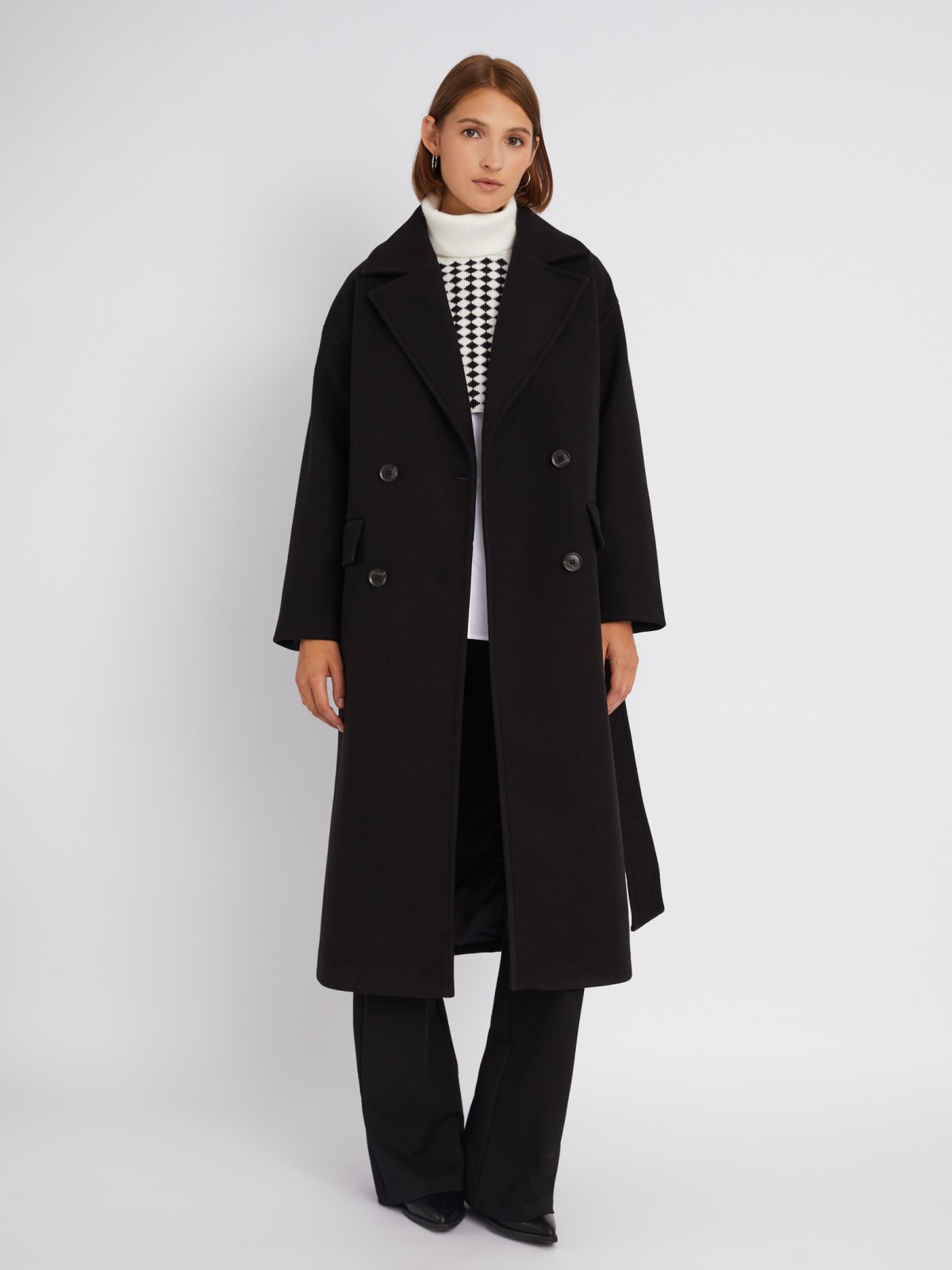 Длинное пальто оверсайз силуэта без утеплителя на пуговицах с поясом zolla 023335857024, цвет черный, размер XS - фото 2