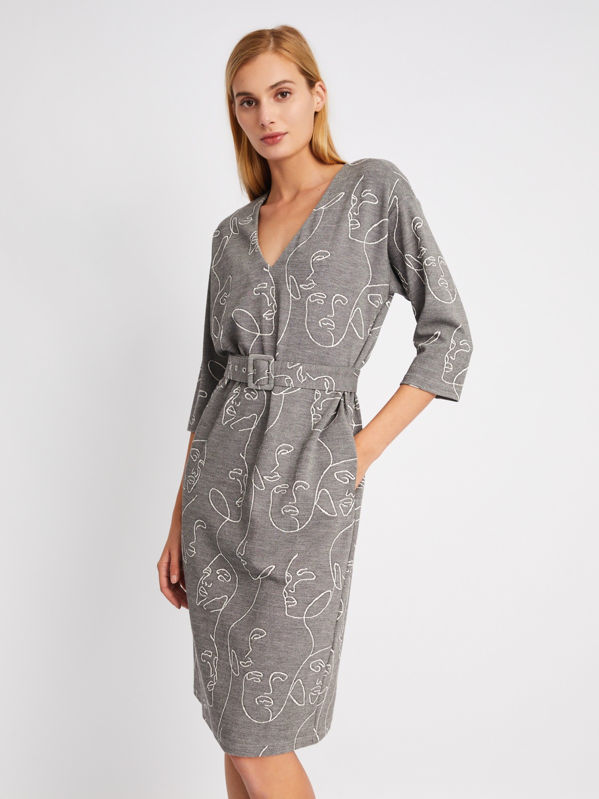 Платье с укороченным рукавом и ремнём на талии zolla 024118139371, цвет серый, размер S - фото 1