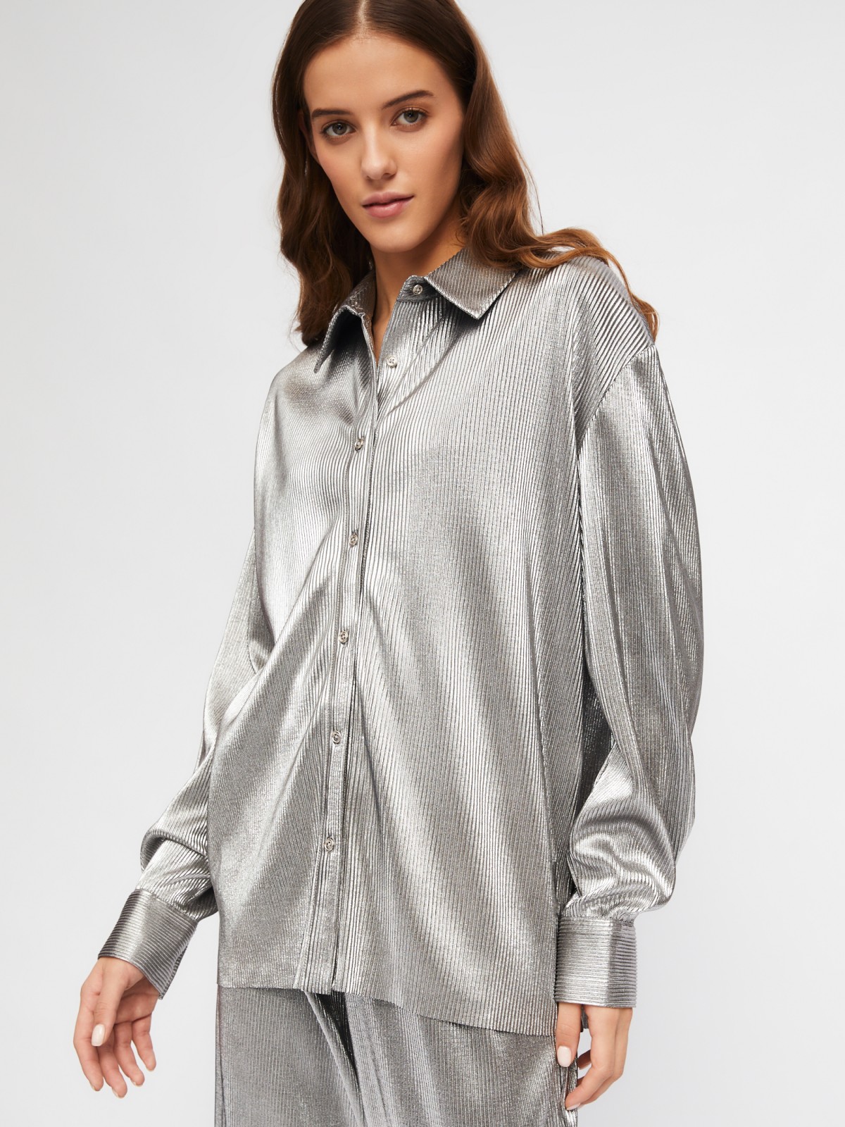 Рубашка свободного силуэта с серебряным блеском zolla 023451162091, цвет серебряный, размер XS - фото 3