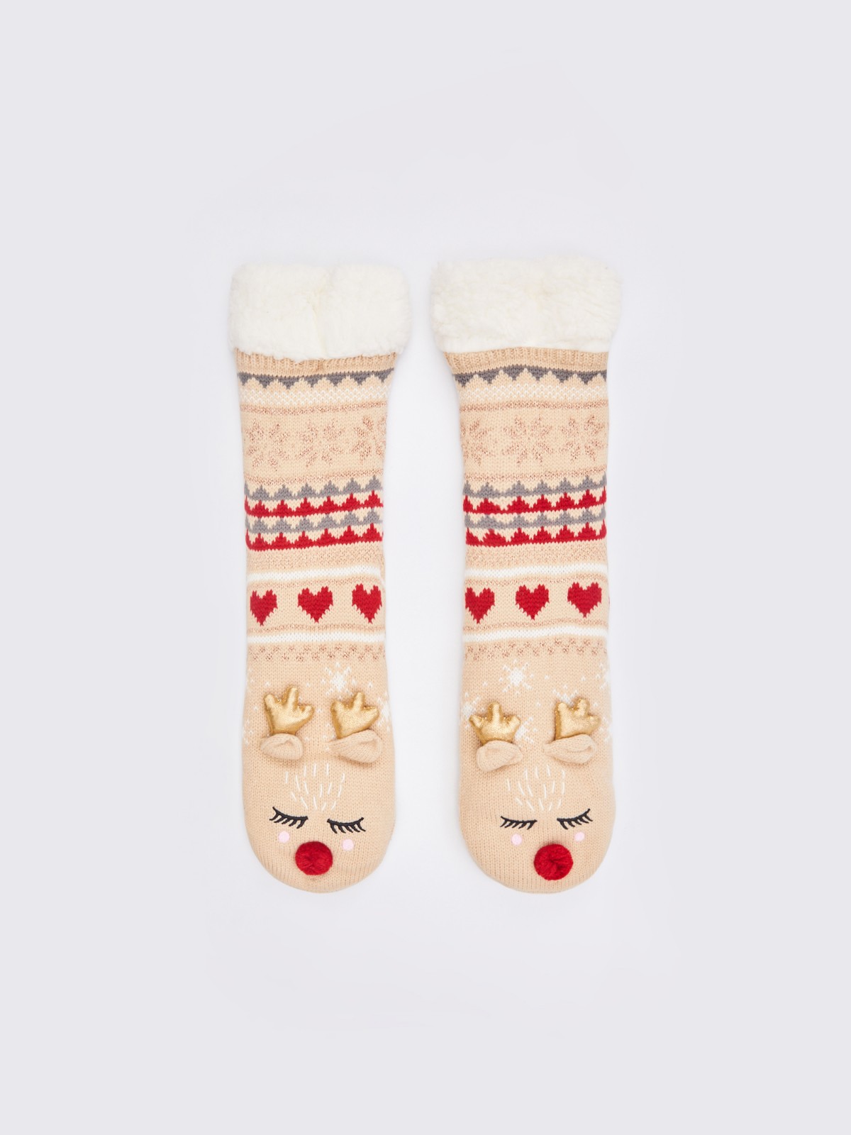 Тёплые носки с экомехом и новогодним дизайном zolla 023439962045, цвет бежевый, размер 23-25