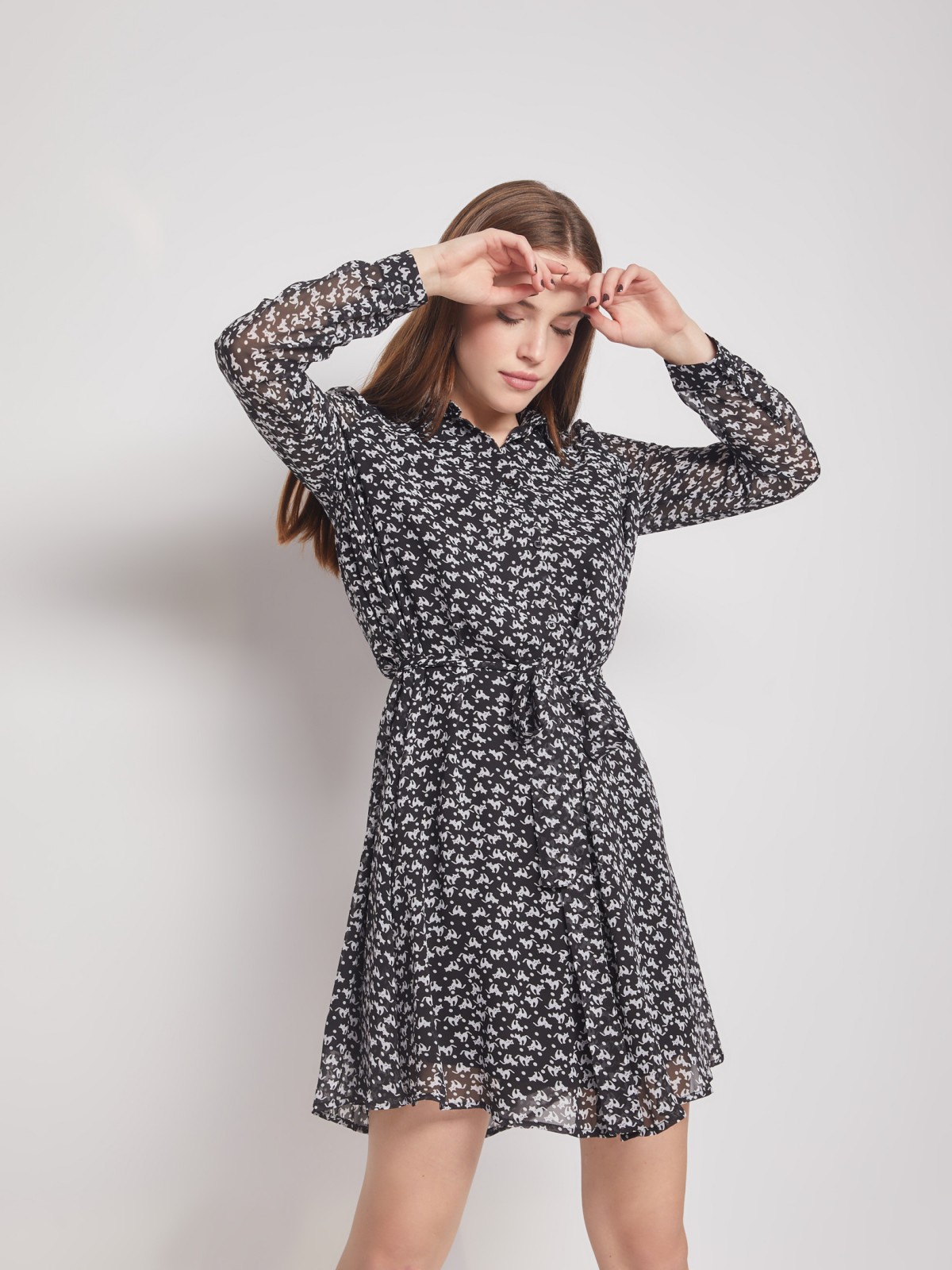 Шифоновое платье-рубашка с пояском zolla 222128262173, цвет черный, размер XS - фото 4