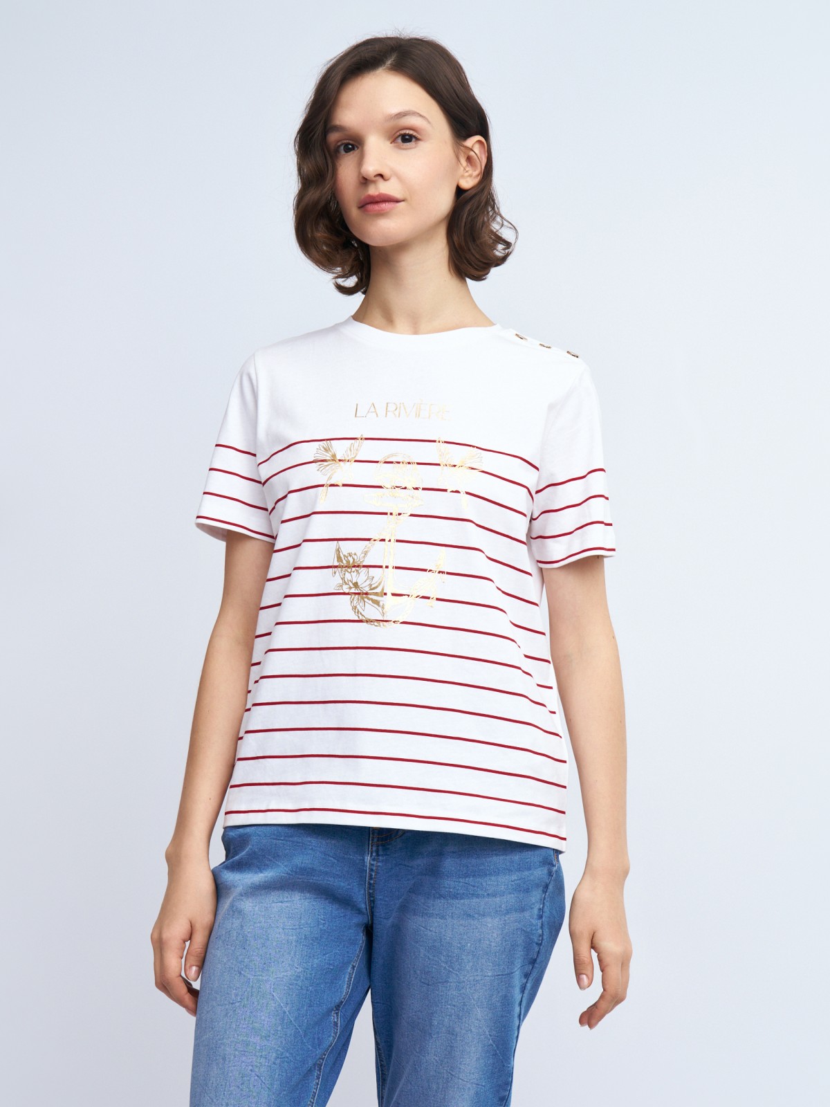 Футболка из хлопка в полоску с металлическим декором