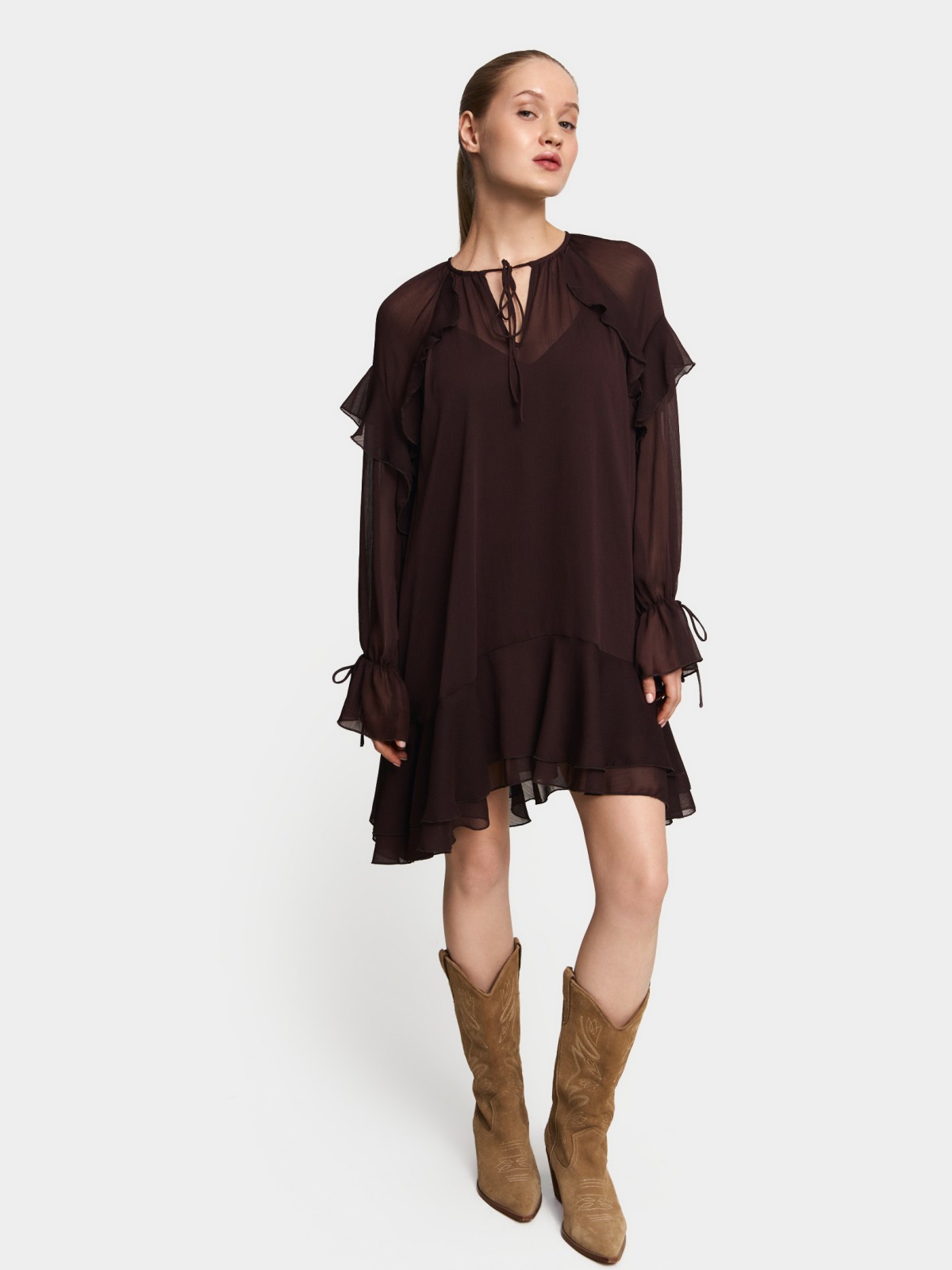 Платье мини из шифона с воланами