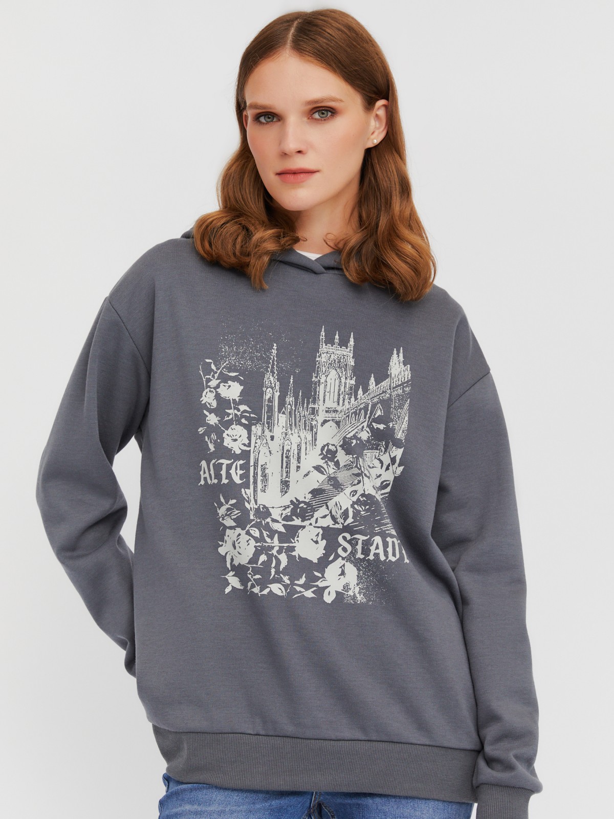 Утеплённый худи с капюшоном и принтом