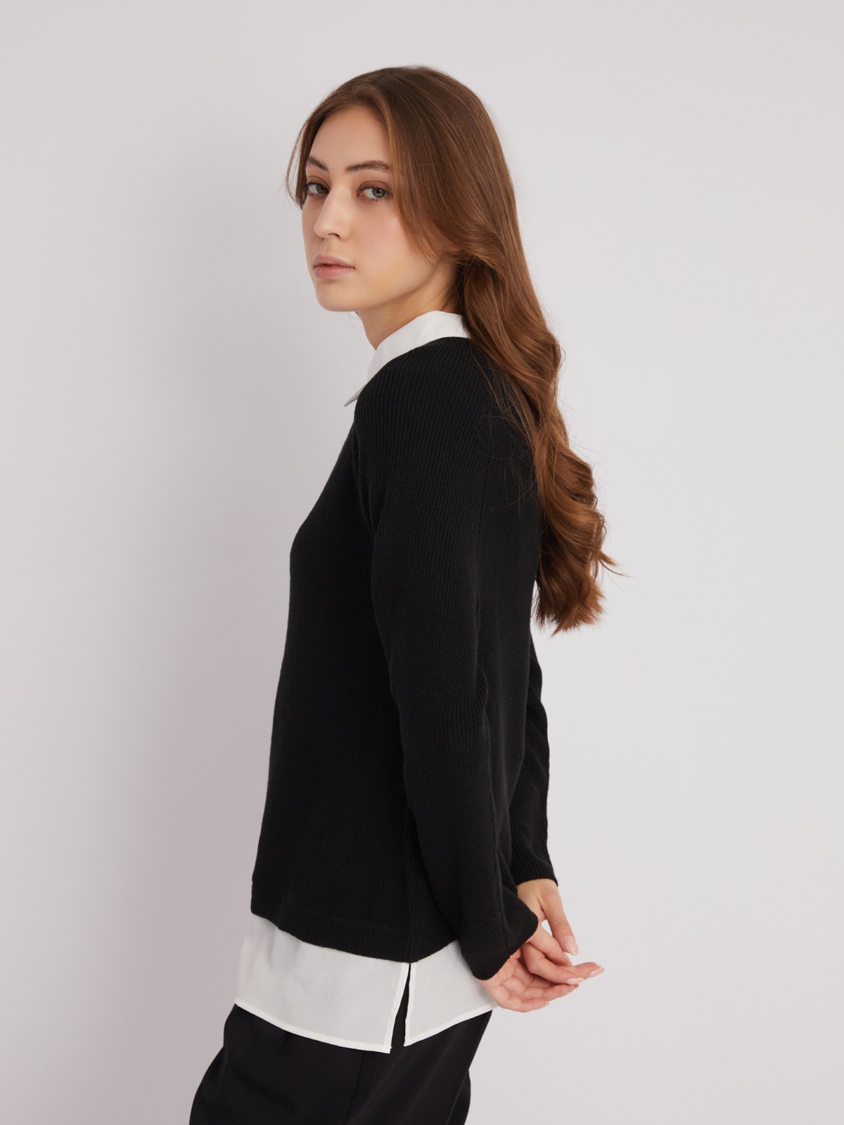 Комбинированный джемпер с имитацией блузки zolla 223326732013, цвет черный, размер XS - фото 4
