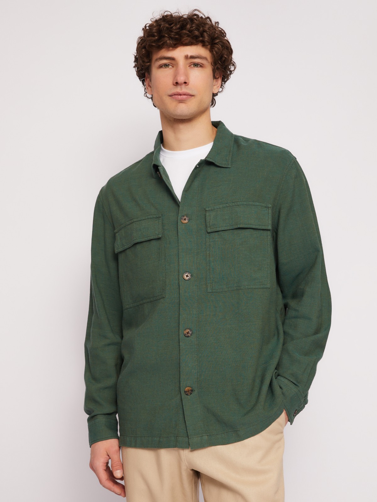 Куртка-рубашка из льна и вискозы zolla 01421214R073, цвет темно-зеленый, размер L - фото 3