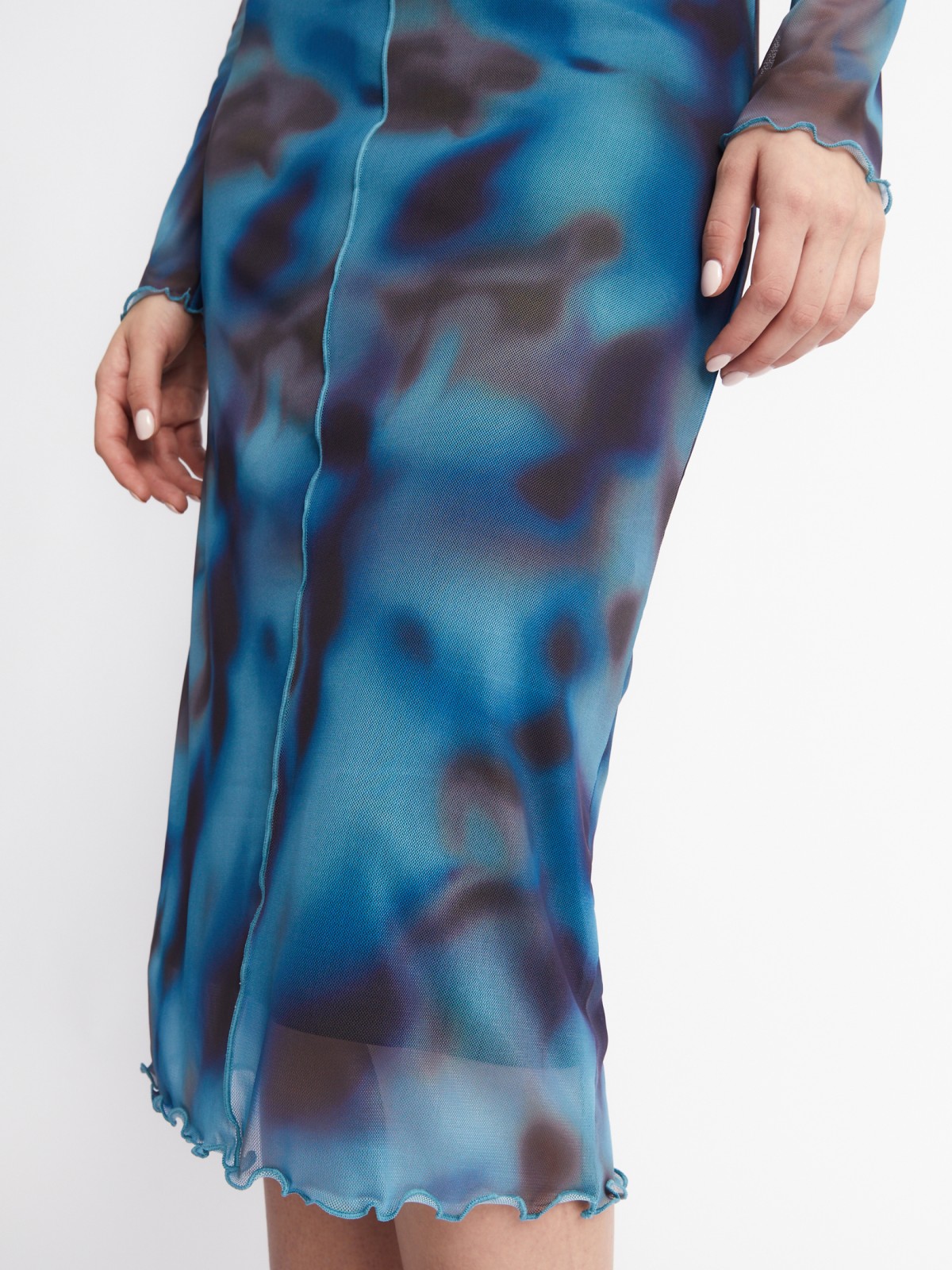 Платье из сетчатой ткани длины миди с акцентным принтом и фактурными строчками zolla 223338155111, цвет голубой, размер S - фото 6