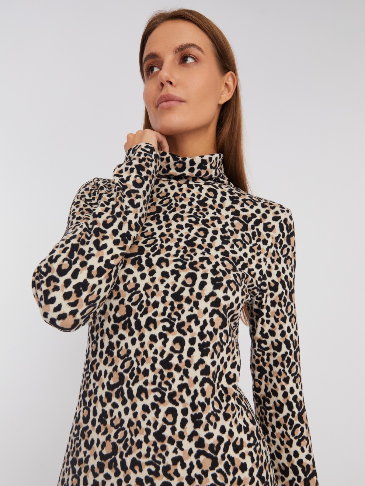 Платье-свитер из вязаного трикотажа с леопардовым принтом zolla 223428139021, цвет бежевый, размер XS - фото 3