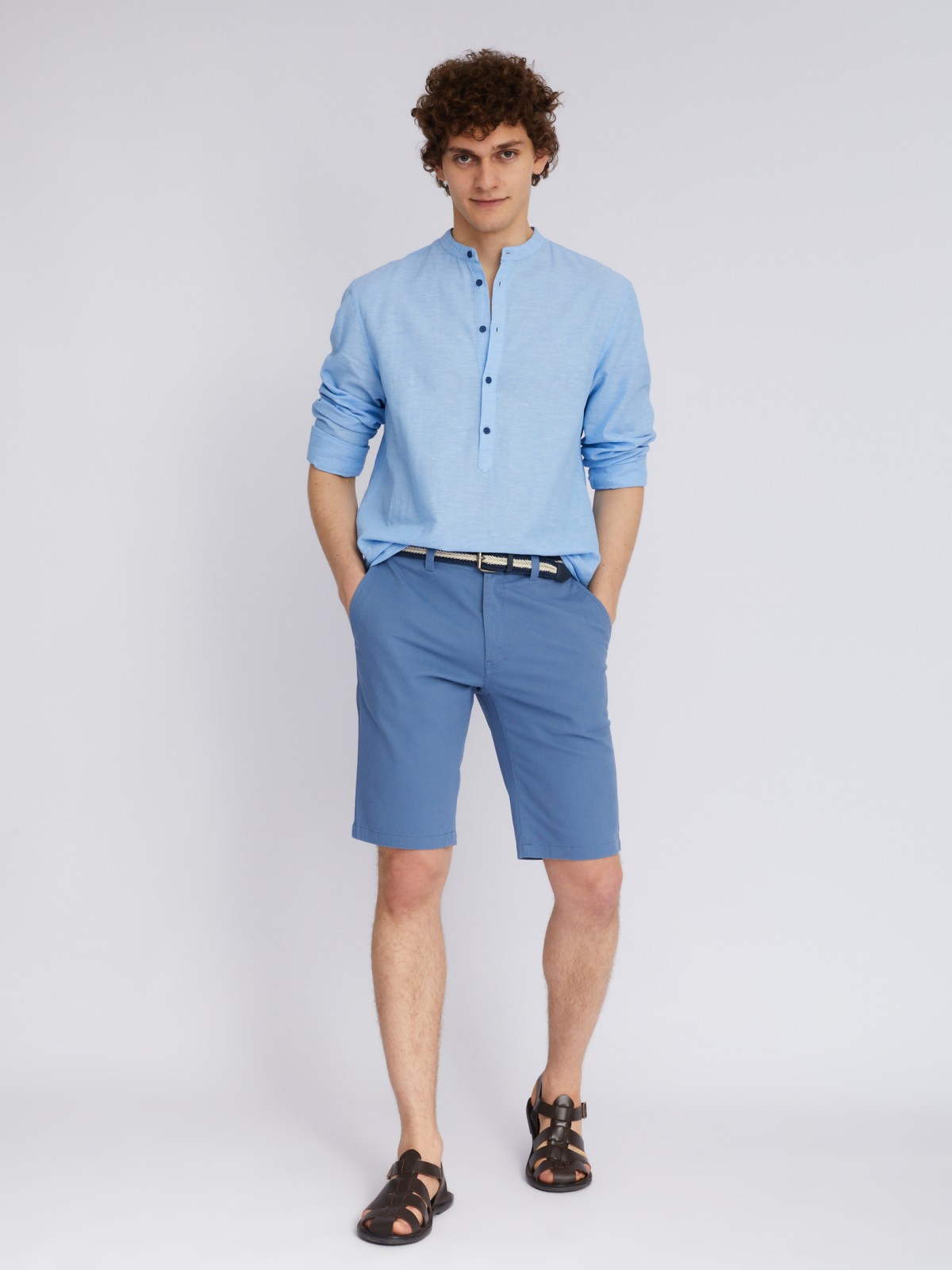 Удлинённые шорты из хлопка с ремнём zolla светло-голубого цвета
