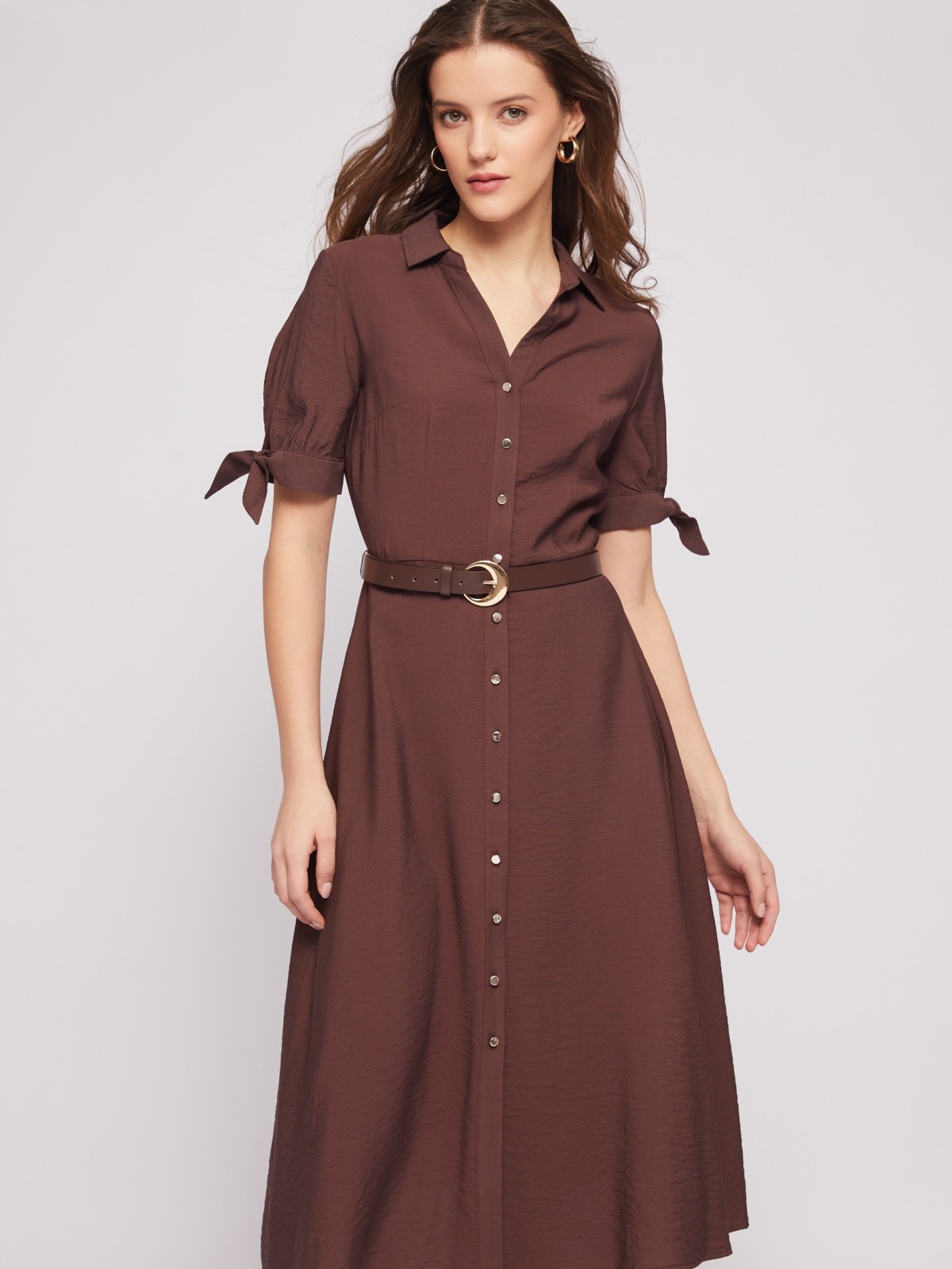 Платье-рубашка длины миди с акцентом на рукавах и ремнём zolla 024218240123, цвет коричневый, размер M - фото 3