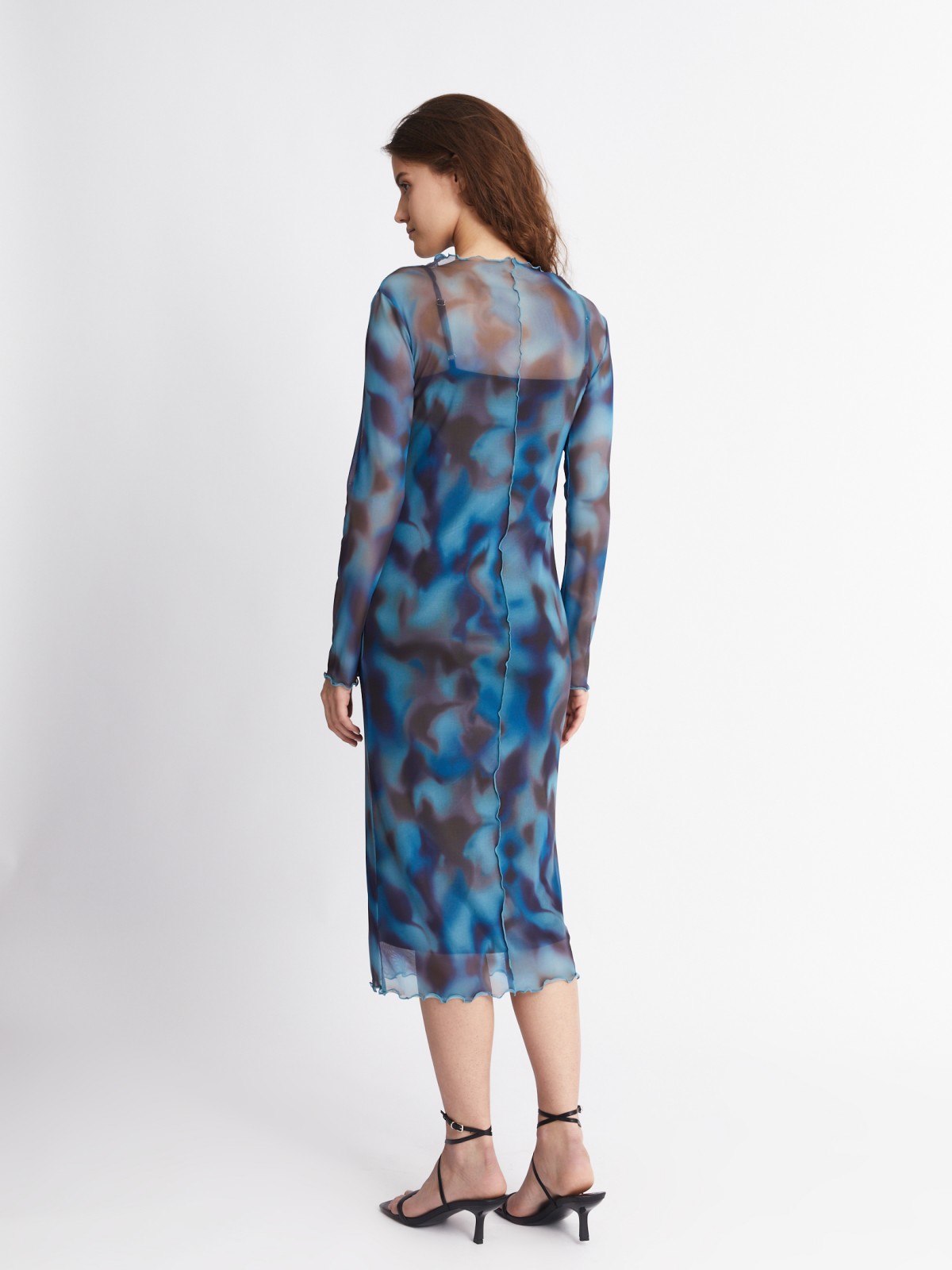 Платье из сетчатой ткани длины миди с акцентным принтом и фактурными строчками zolla 223338155111, цвет голубой, размер S - фото 5