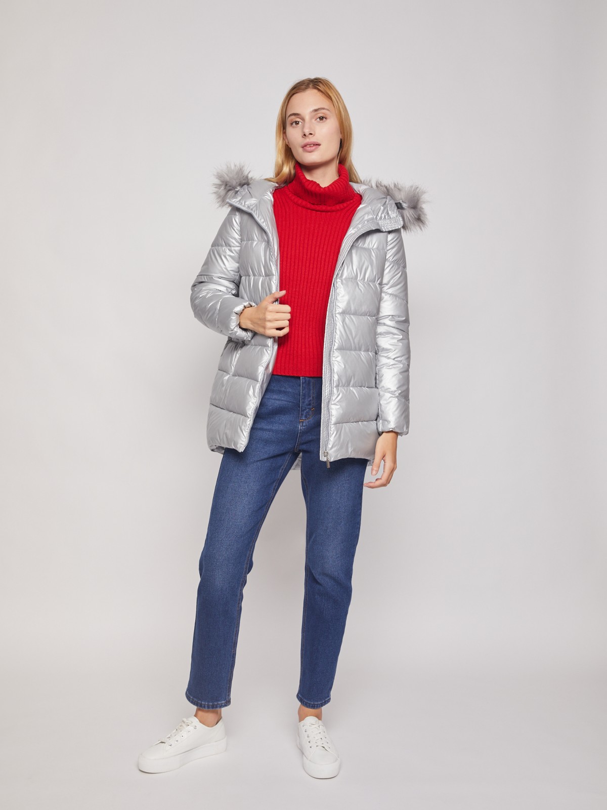 Утеплённая куртка с меховой опушкой zolla 020345112704, цвет серебряный, размер XS - фото 1