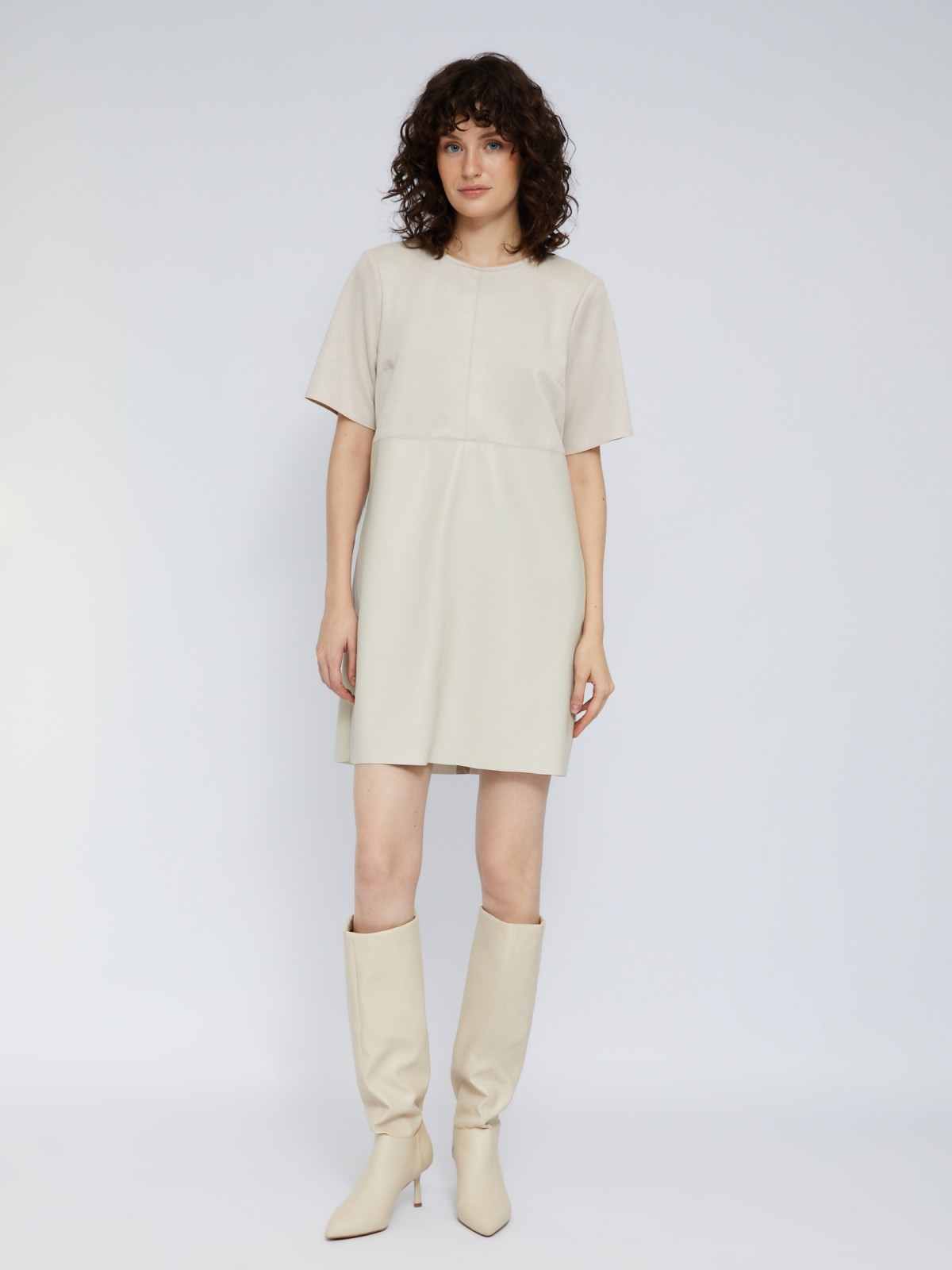 Комбинированное платье-футболка из экокожи и экозамши