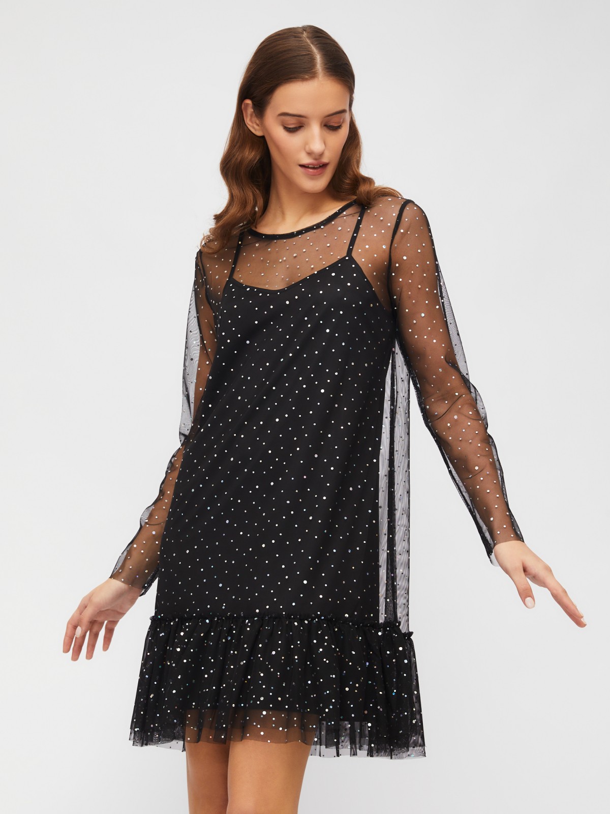 Платье мини из прозрачной сетки со стразами и нижней комбинации zolla 023458155103, цвет черный, размер XS