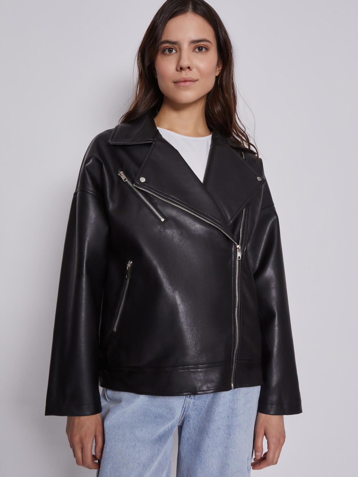 Кожаная куртка-косуха zolla 022325602024, цвет черный, размер XS - фото 4