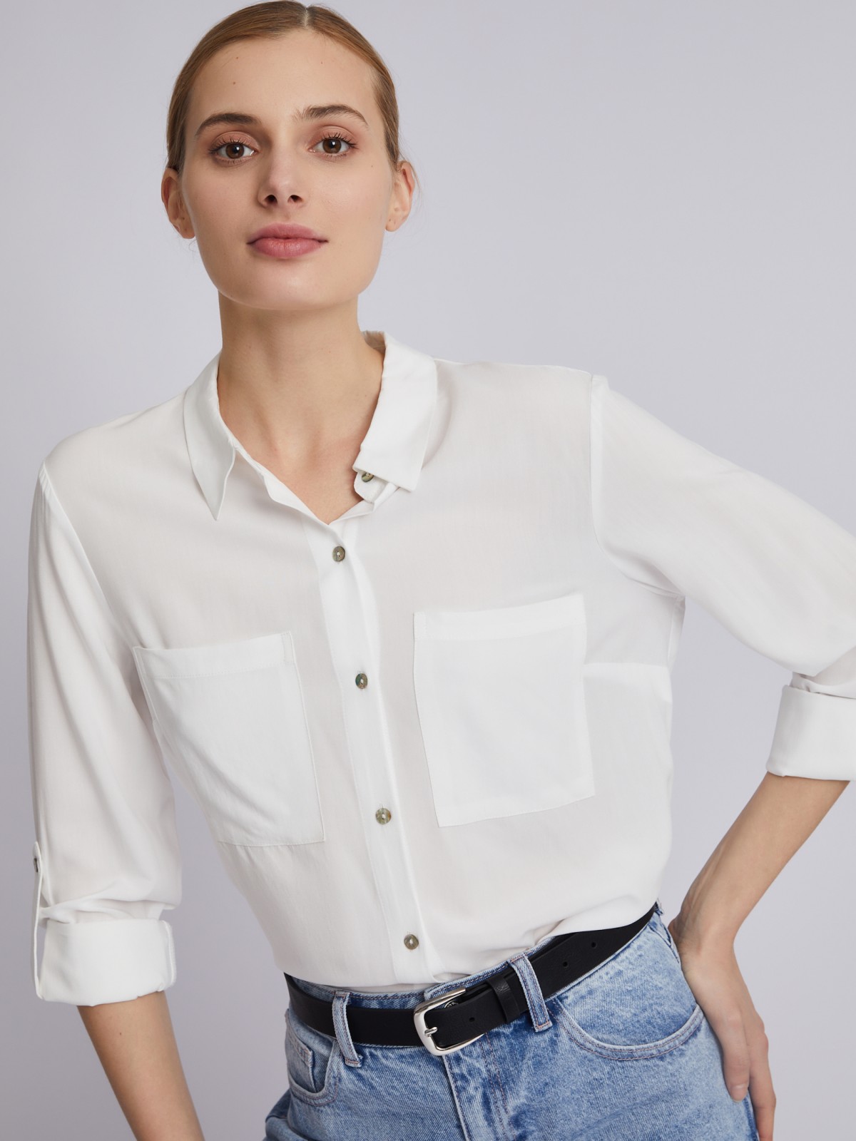 Офисная рубашка из вискозы с карманами и подхватами на рукавах zolla 023311162052, цвет молоко, размер XS - фото 1