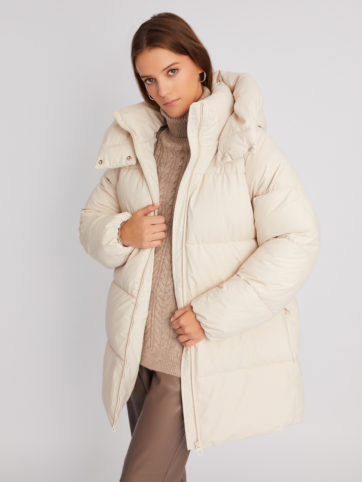 Тёплая куртка-пальто из экокожи с капюшоном zolla 02342520L064, цвет молоко, размер XS