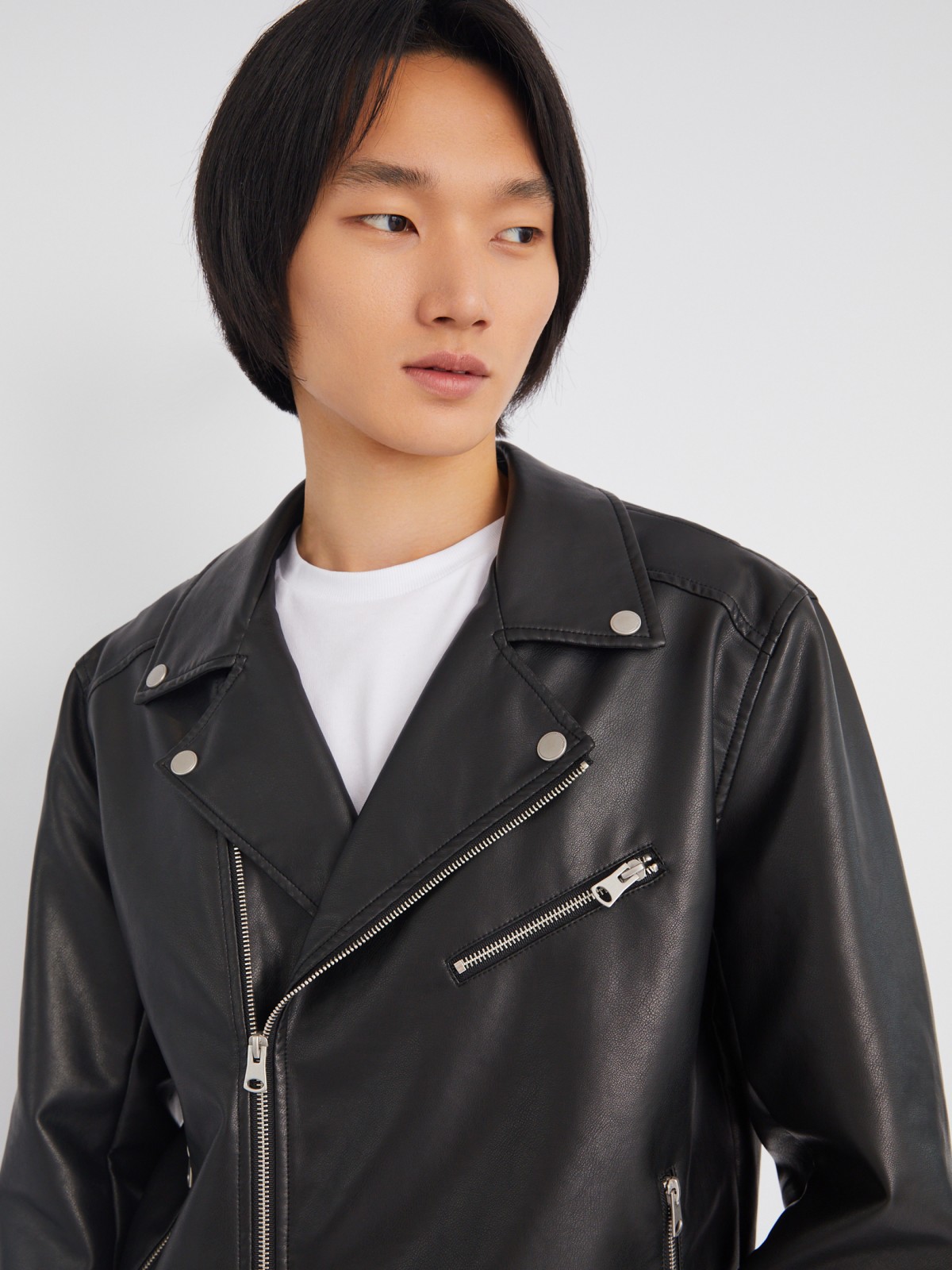 Кожаная куртка-косуха из экокожи без утеплителя zolla 013325650034, цвет черный, размер S - фото 5