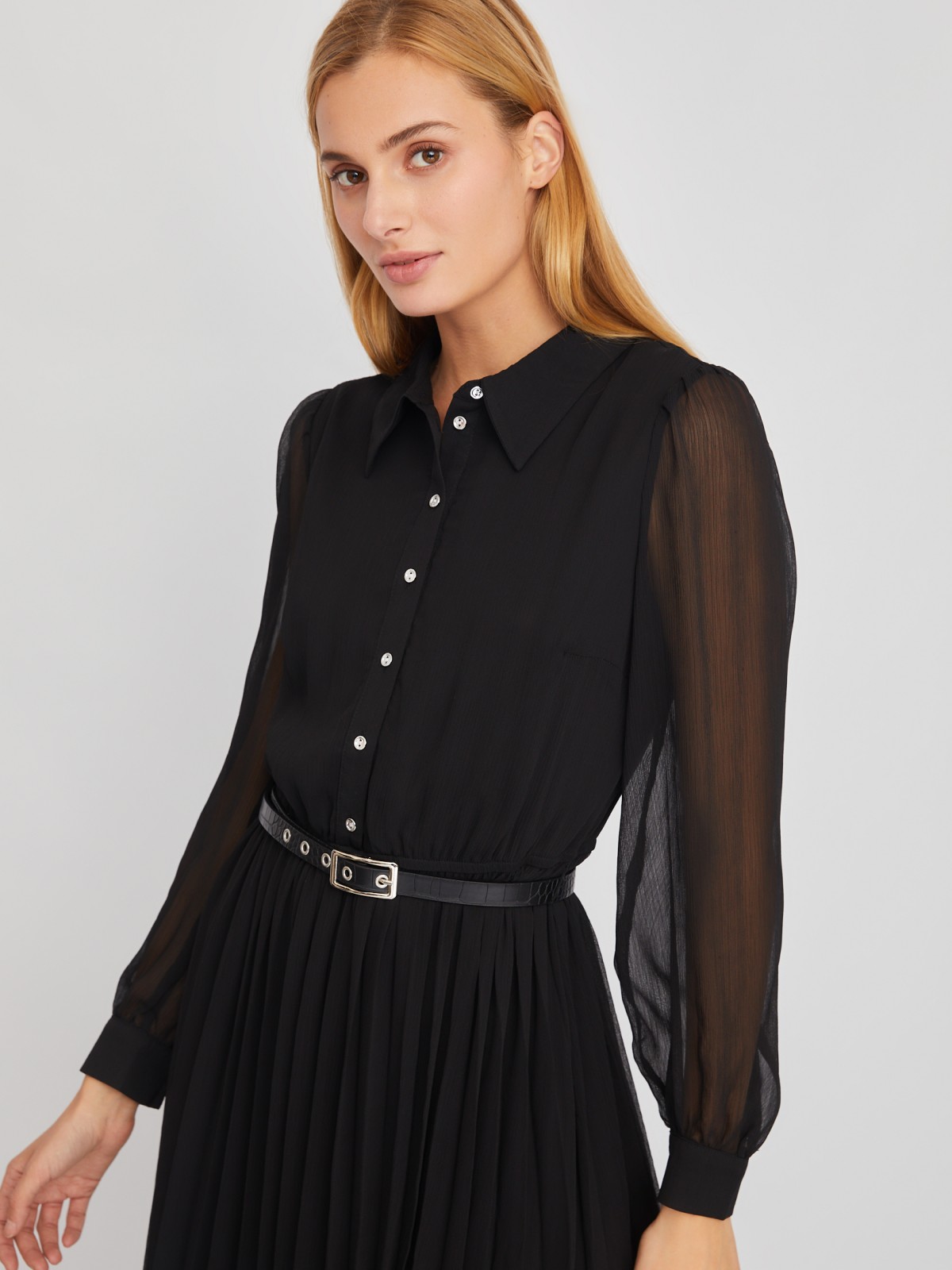 Шифоновое платье-рубашка длины миди с плиссировкой и акцентном на талии zolla 024118262033, цвет черный, размер S - фото 4